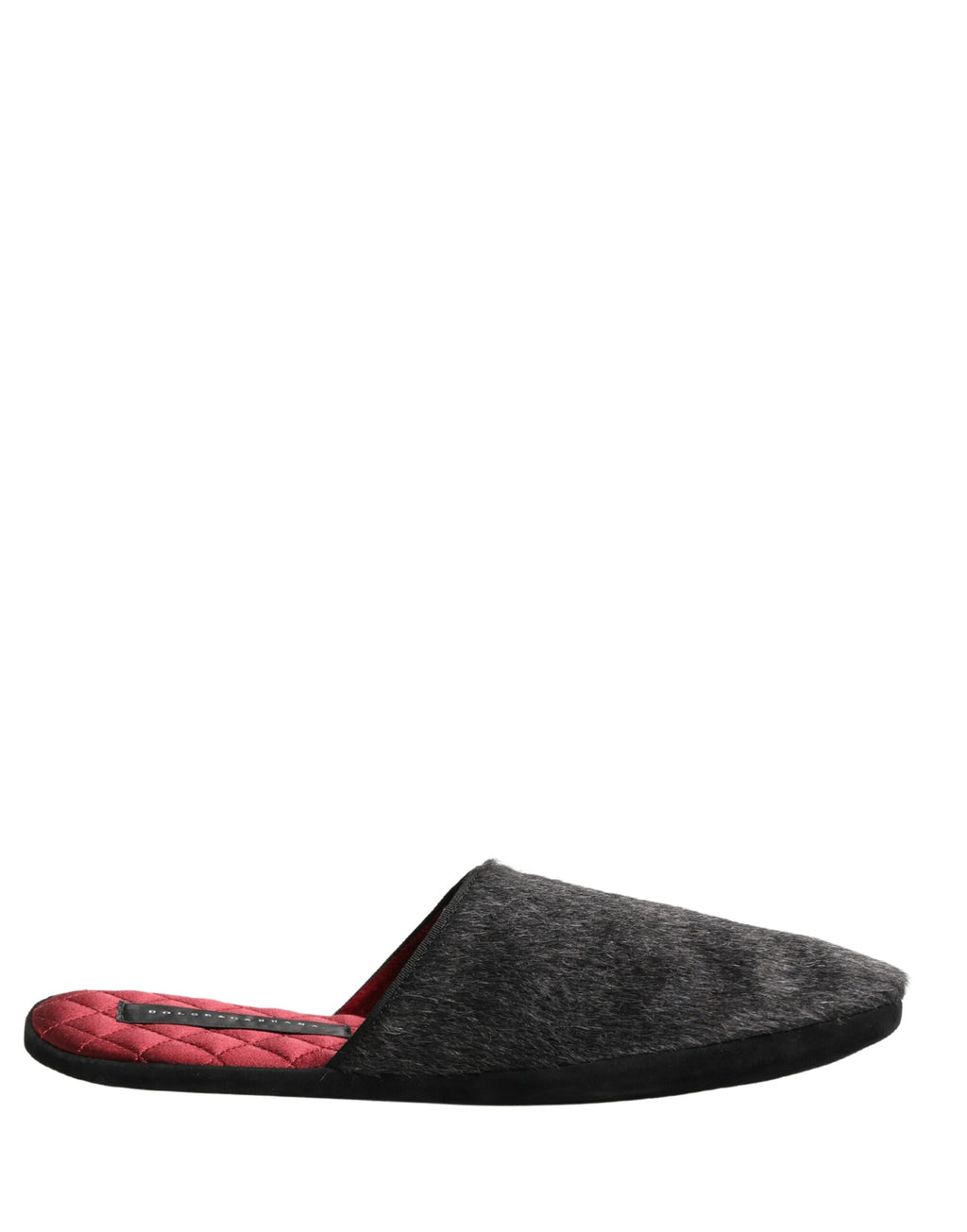 Chaussures slippers Dolce & Gabbana en laine gris foncé avec détails rouges, vues de face sur fond neutre.