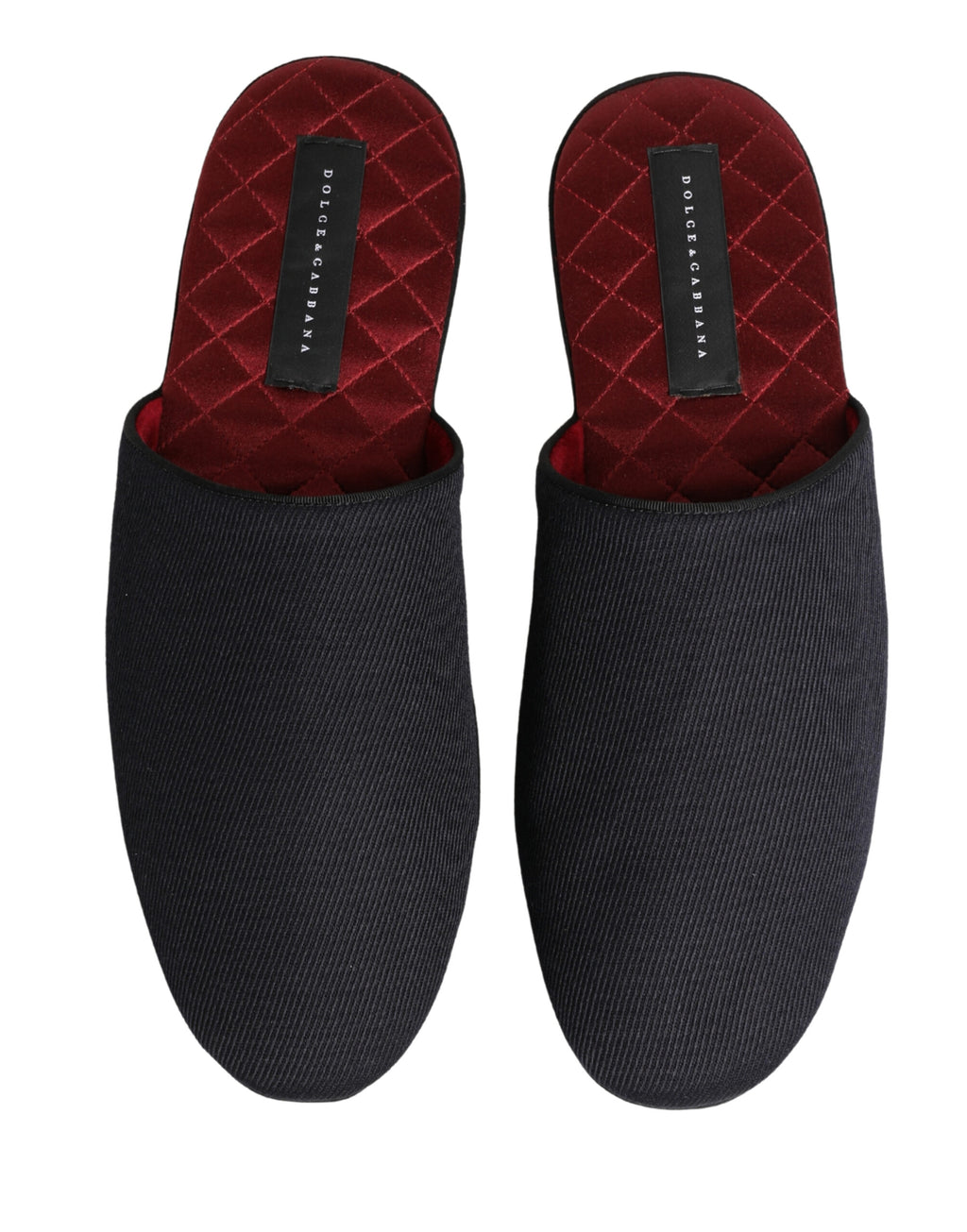 Chaussures slippers Dolce & Gabbana en laine et coton bleu marine foncé avec motif Chevron rouge, confortables et élégantes.