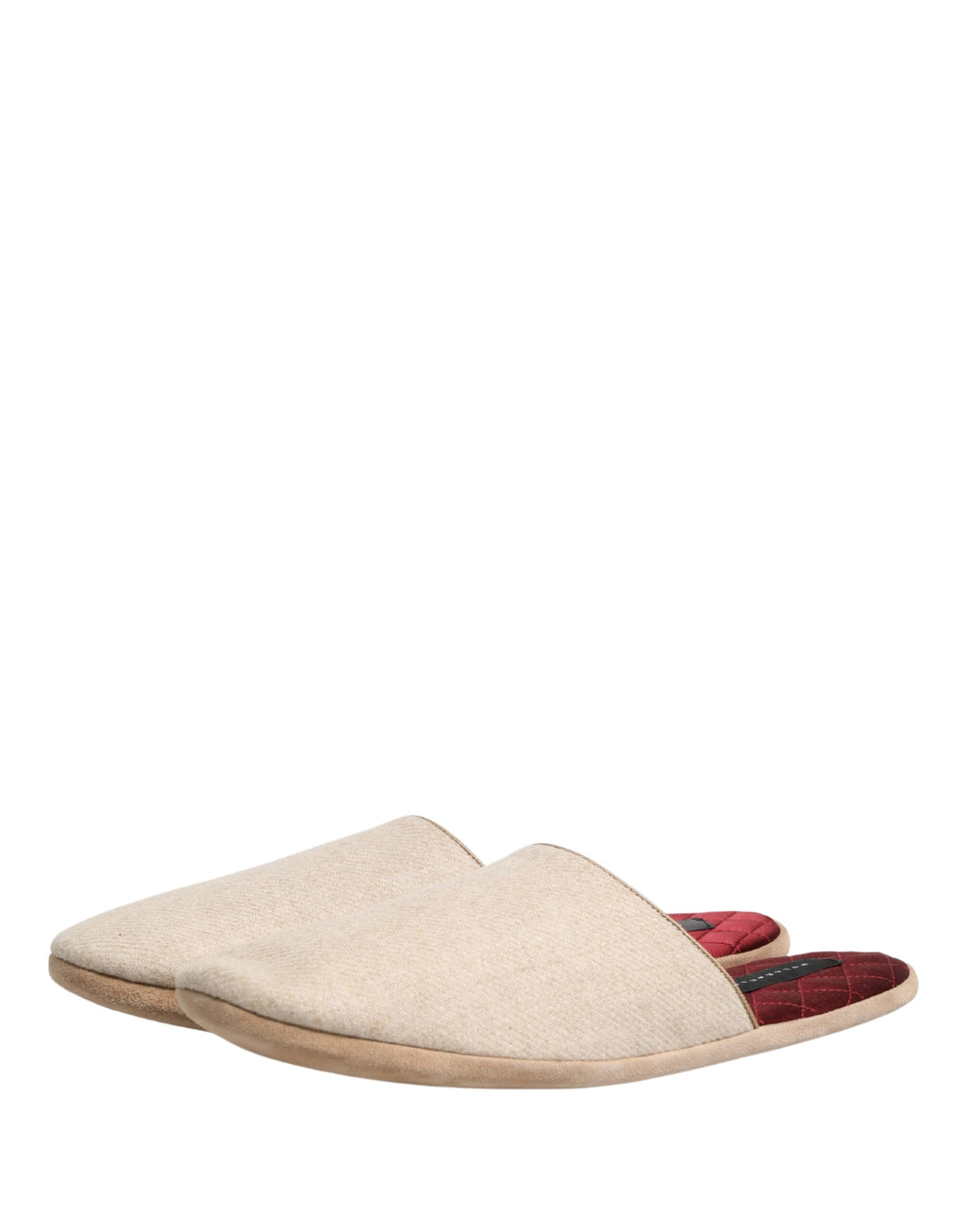 Chaussures slippers en laine Shetland beige et rouge de Dolce & Gabbana, avec rembourrage quilté élégante.