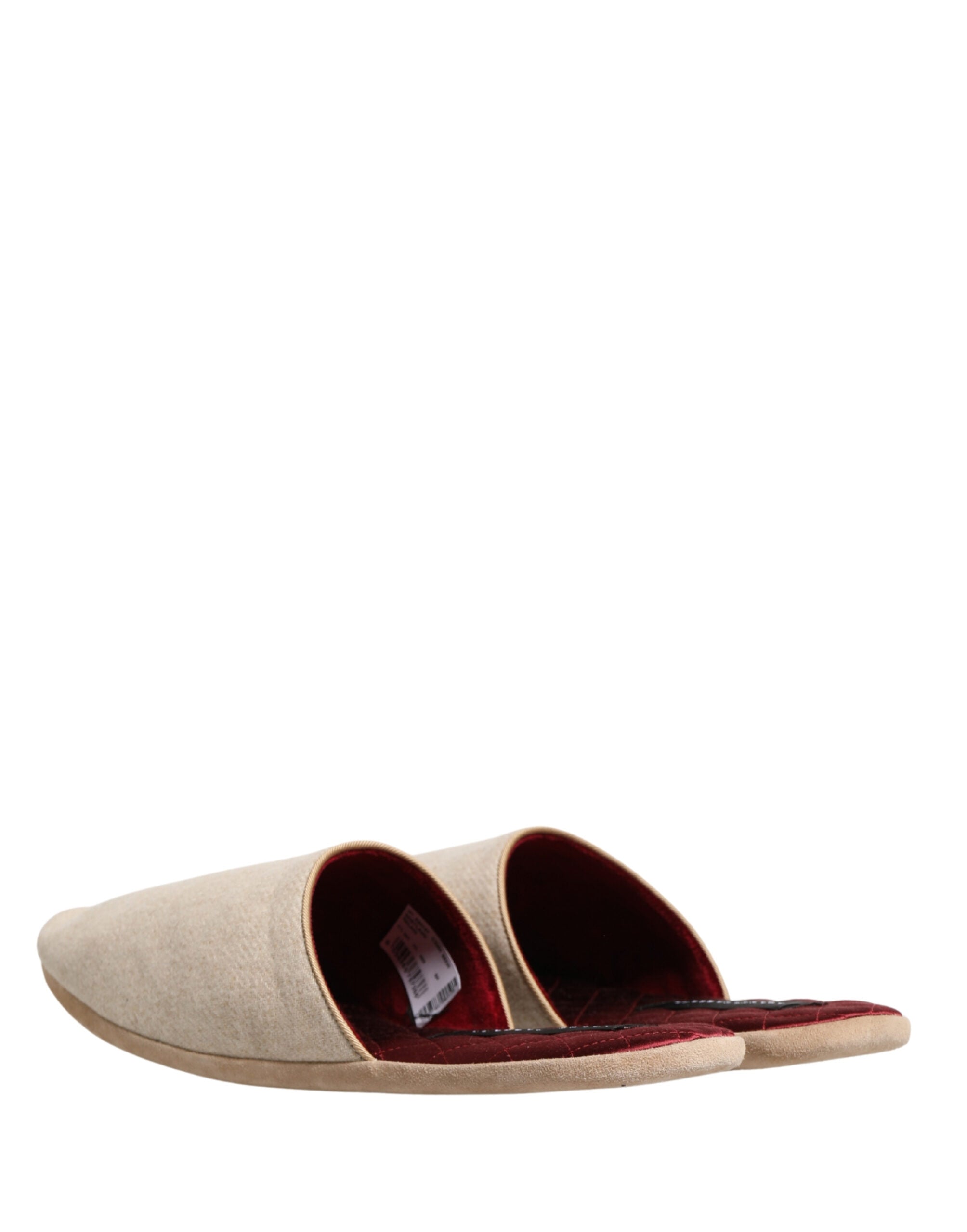 Chaussures slippers Dolce & Gabbana en laine Shetland beige et rouge, cousues avec rembourrage quilté, vues de face.