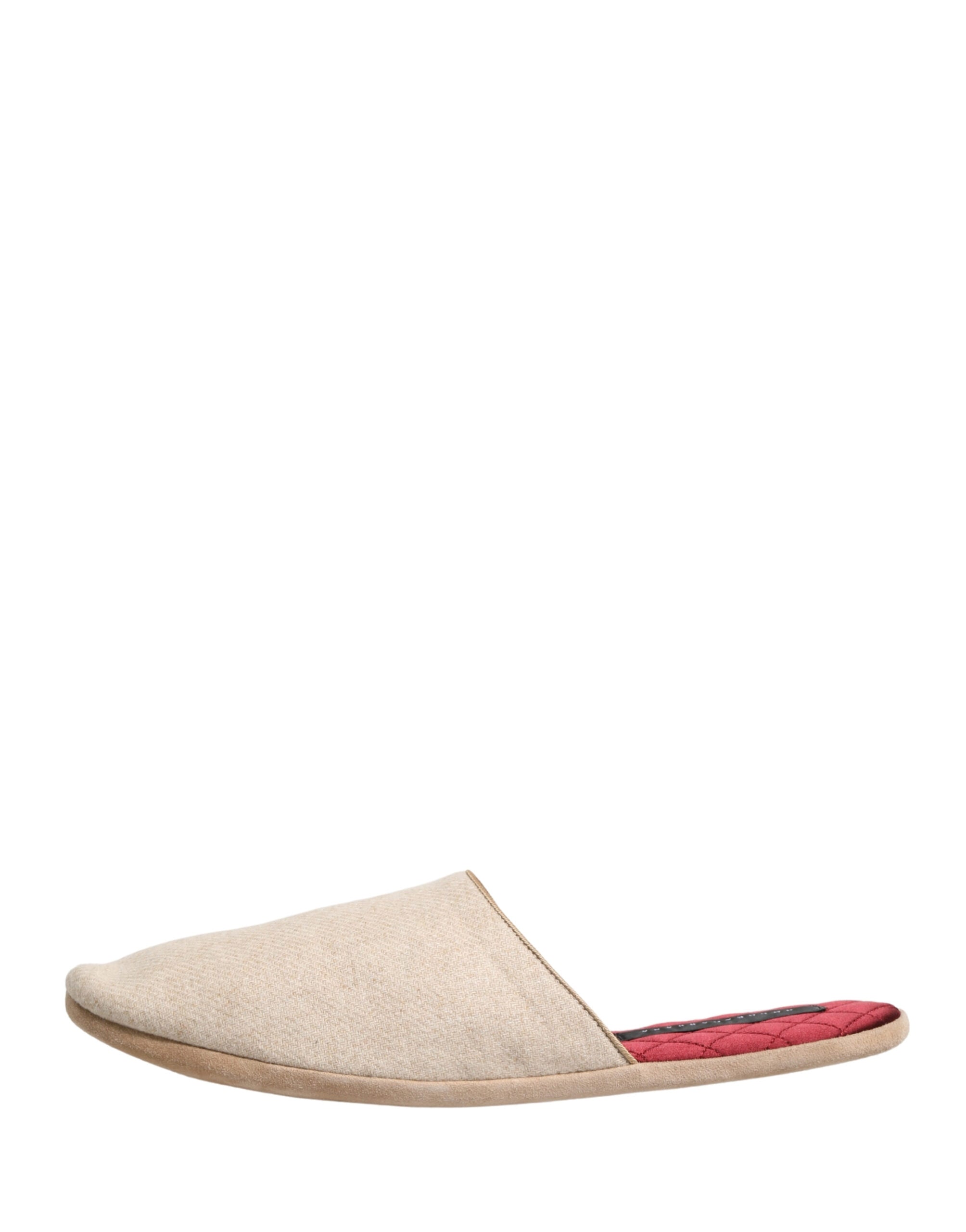 Chaussures slippers Dolce & Gabbana en laine Shetland beige et rouge, avec rembourrage quilté, vues de face.