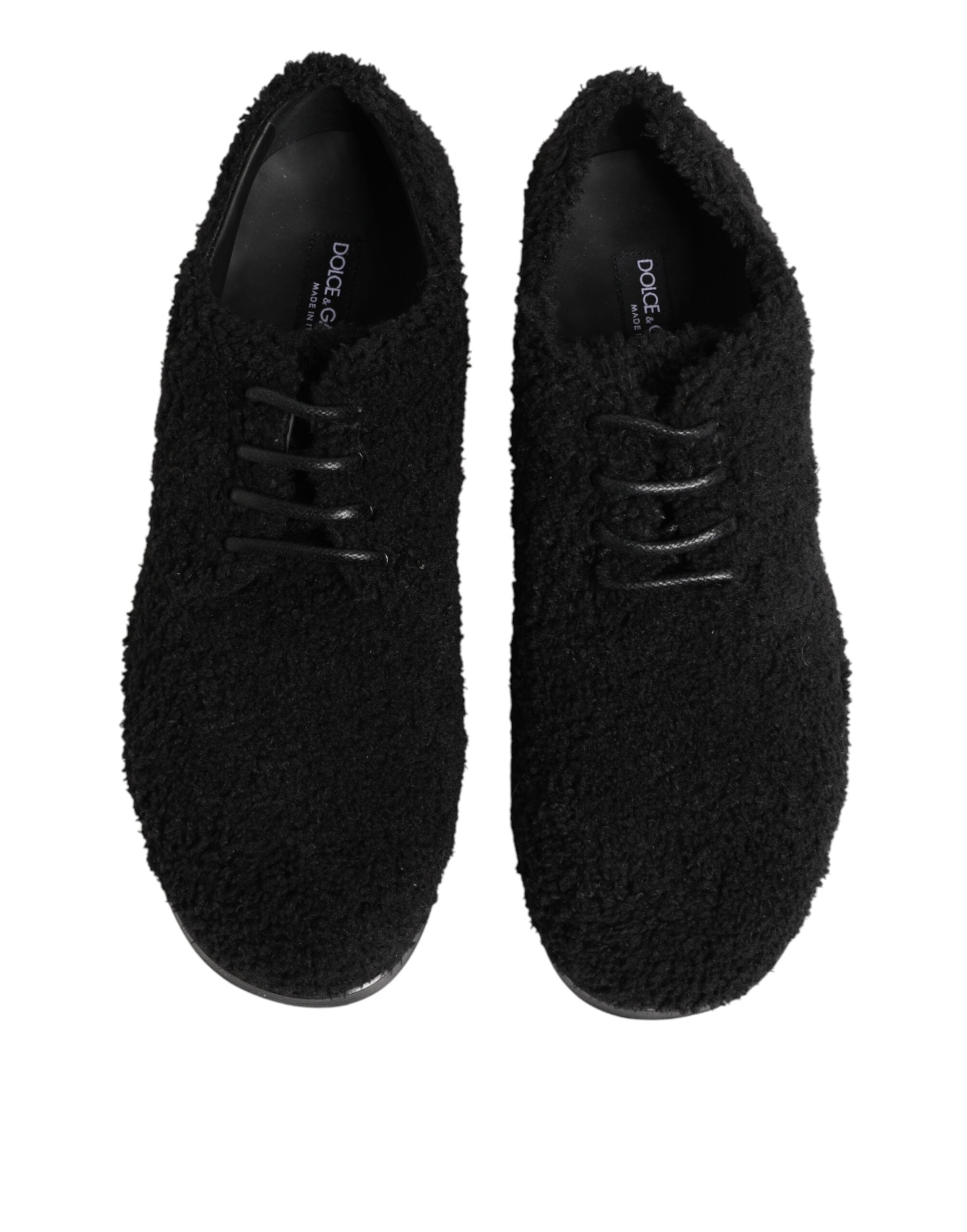 Chaussures Riccio en shearling noir pour homme de Dolce & Gabbana, chaussures de ville élégantes en cuir avec détails en fourrure.