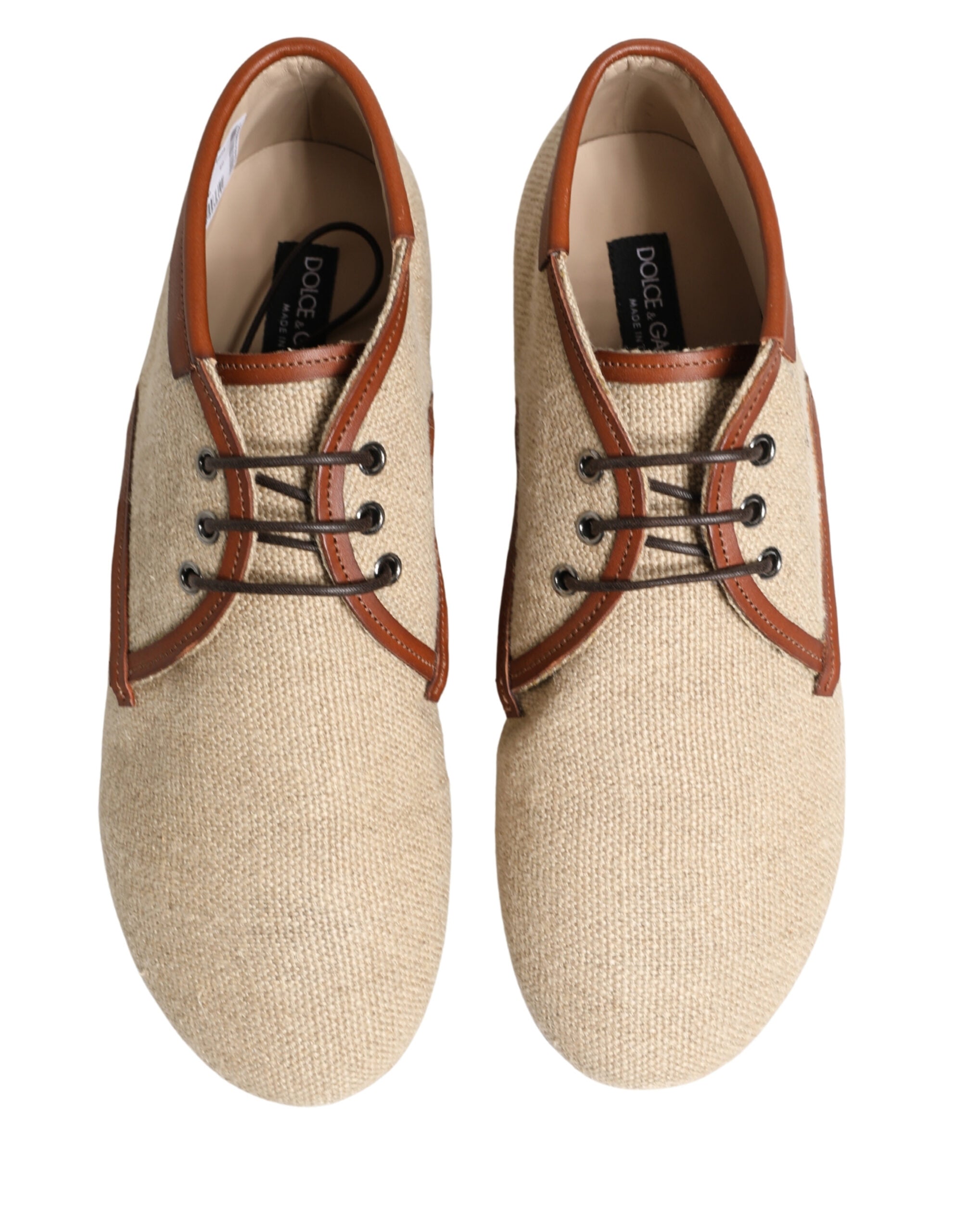 Chaussures derby pour homme en toile beige de Dolce & Gabbana avec laçage, style élégant et sophistiqué.