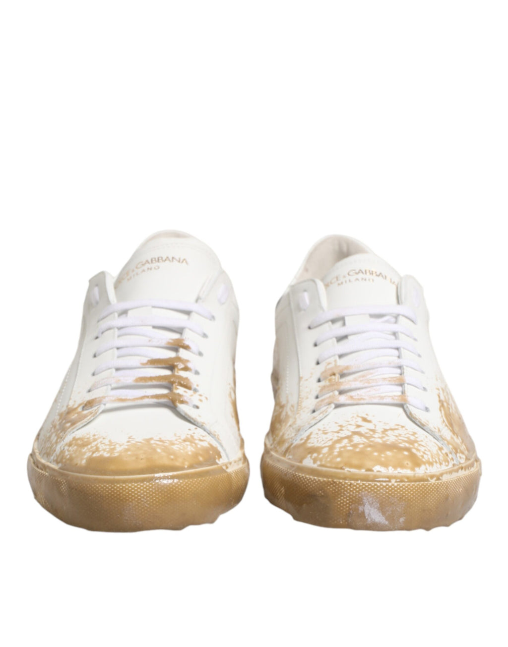 Chaussures basses en cuir blanc à effet peinture de Dolce & Gabbana, sneakers modernes avec design tendance.