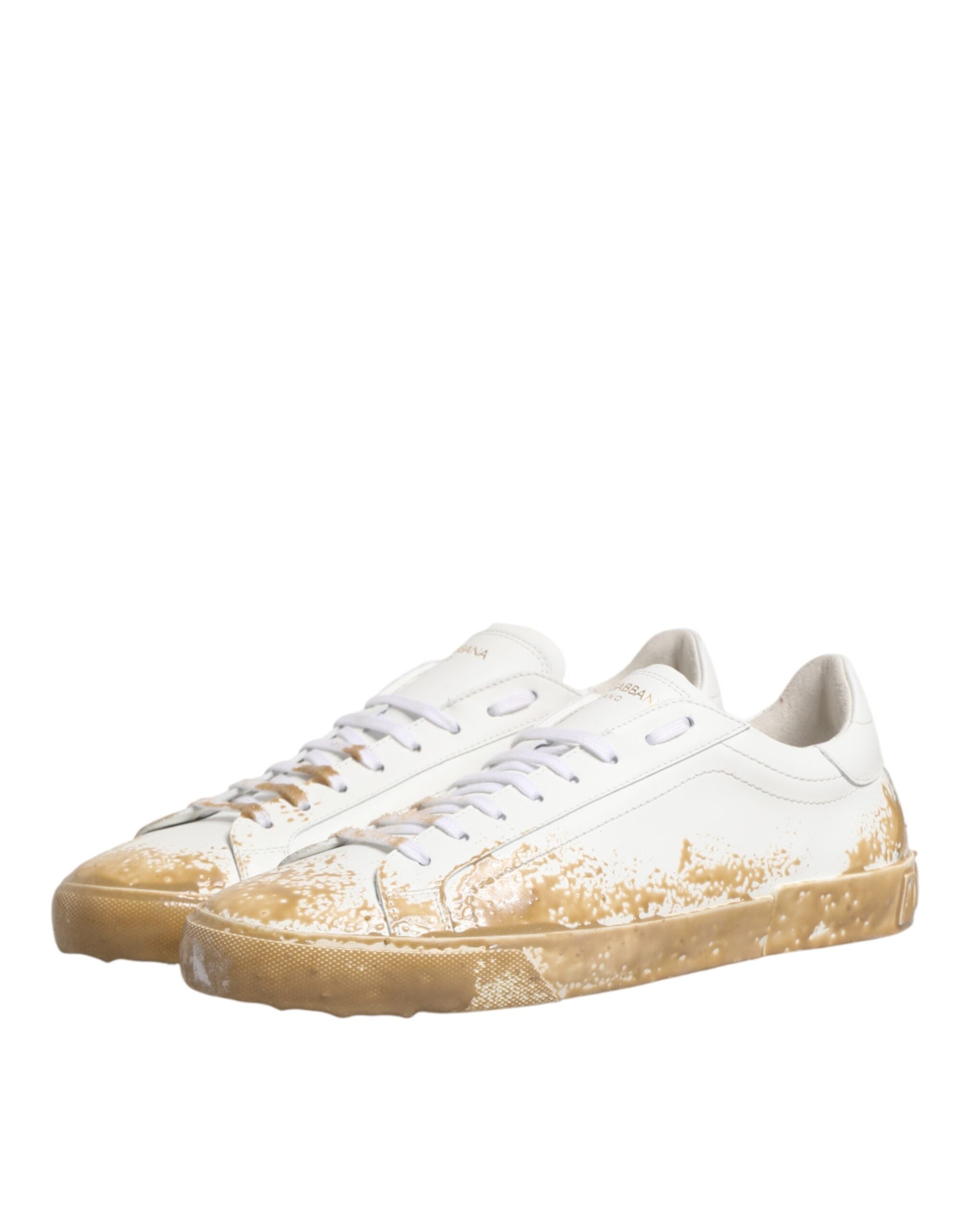 Chaussures basses en cuir blanc avec effet peinture, sneakers Dolce & Gabbana, design élégant et moderne pour homme