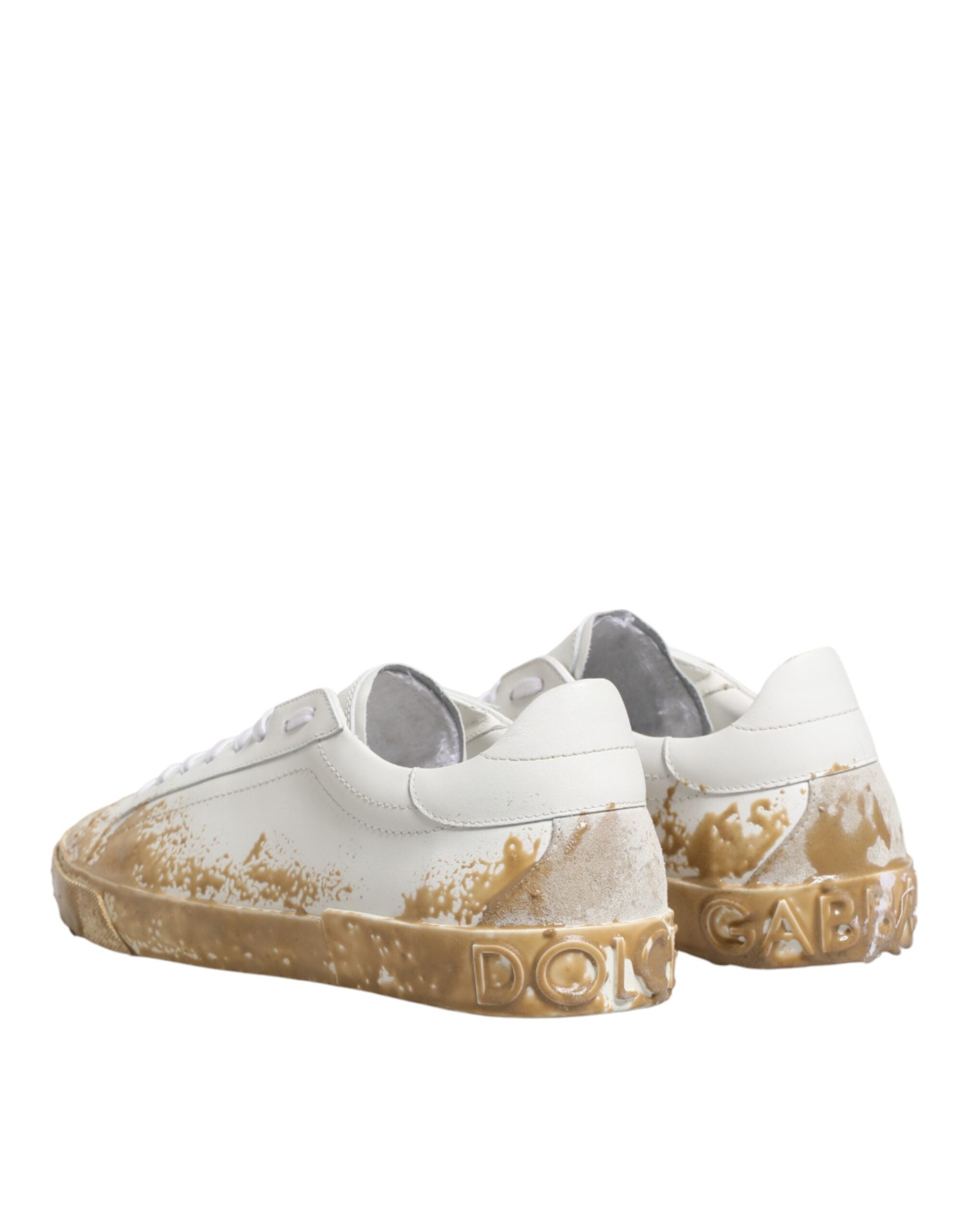 Chaussures basses en cuir blanc avec effet peinture de Dolce & Gabbana, sneakers élégants pour homme.