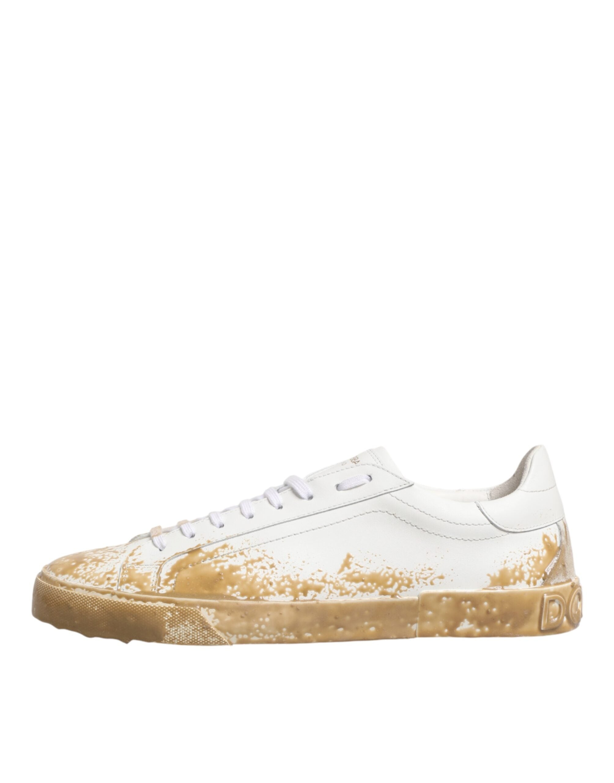 Chaussures basses en cuir blanc avec effet peinture de Dolce & Gabbana, sneakers élégants pour femmes.