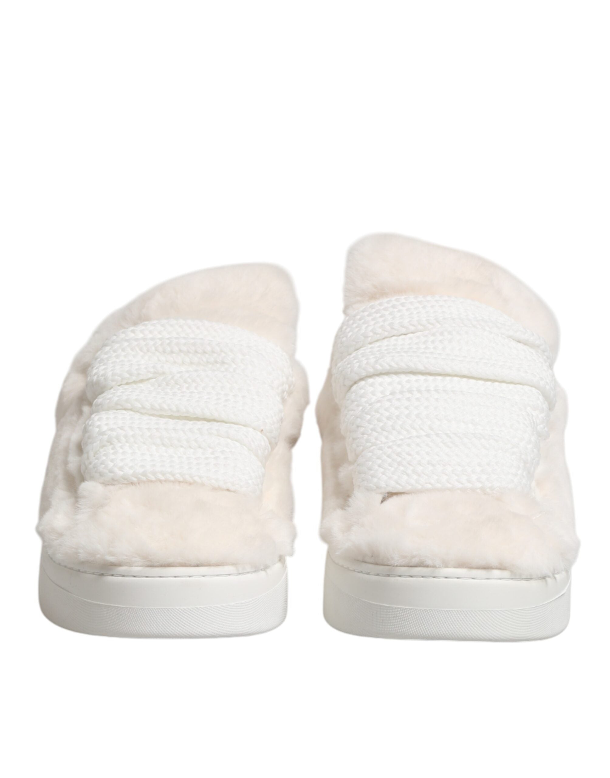 Chaussures basses en fourrure shearling blanche Dolce & Gabbana, baskets en cuir blanc avec détails en fourrure pour femmes