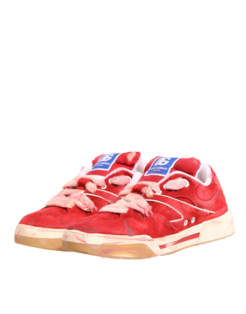 Chaussures basses Dolce & Gabbana en daim rouge et blanc avec logo DG, baskets élégantes et confortables.