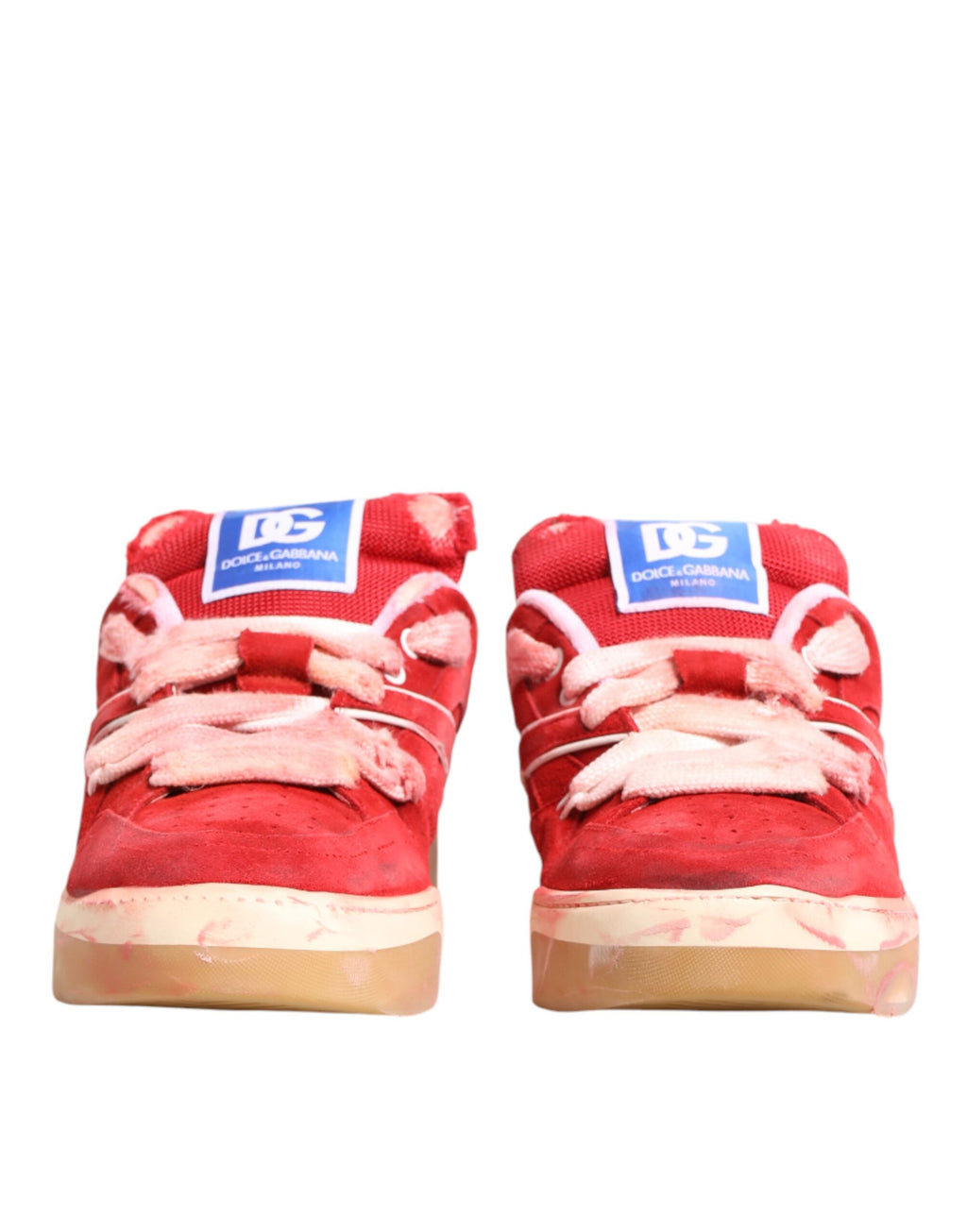Chaussures basses en daim rouge et blanc Dolce & Gabbana avec logo DG, sneakers élégants pour homme.