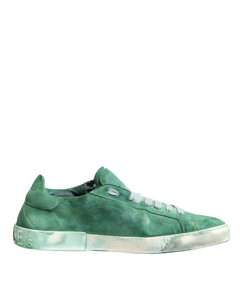 Chaussures basses Dolce & Gabbana en daim vert avec logo DG sur la semelle, chaussures de sport élégantes et modernes.