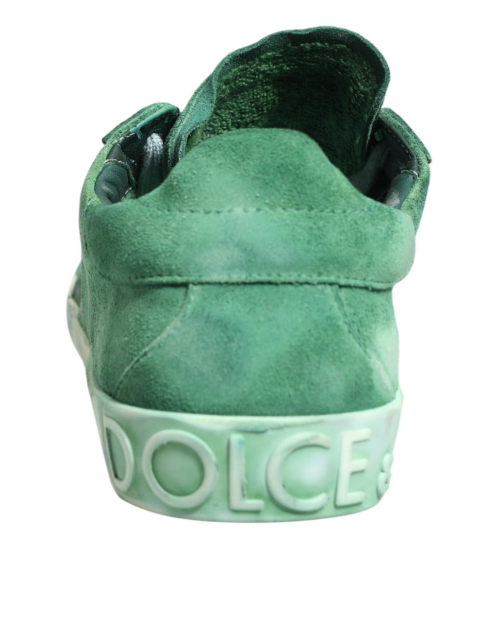 Chaussures basses Dolce & Gabbana vert en daim avec logo DG sur la semelle, sneakers élégants pour homme.