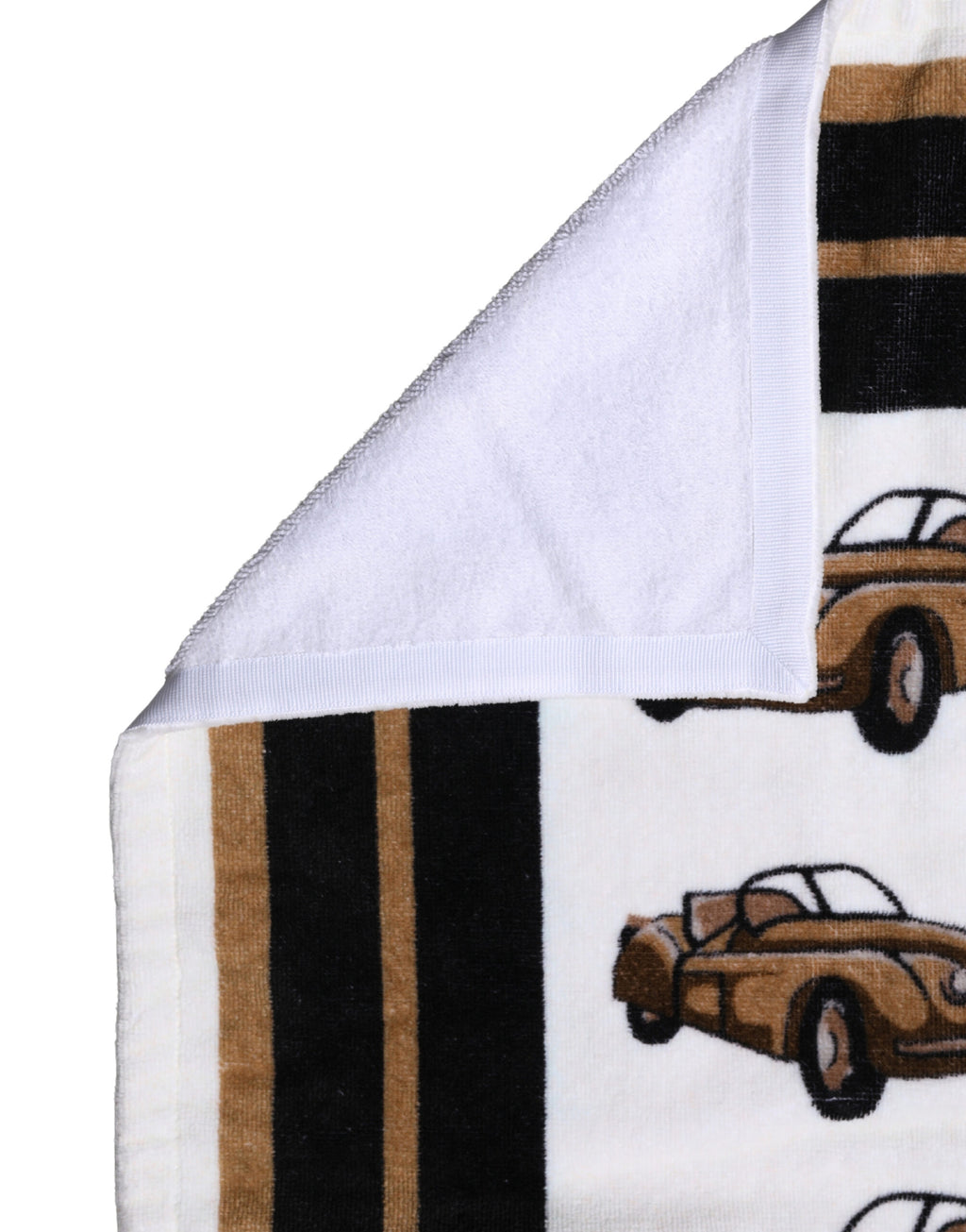 Serviette Dolce & Gabbana en coton blanc avec impression de voiture, 115x180cm, idéale pour la plage.