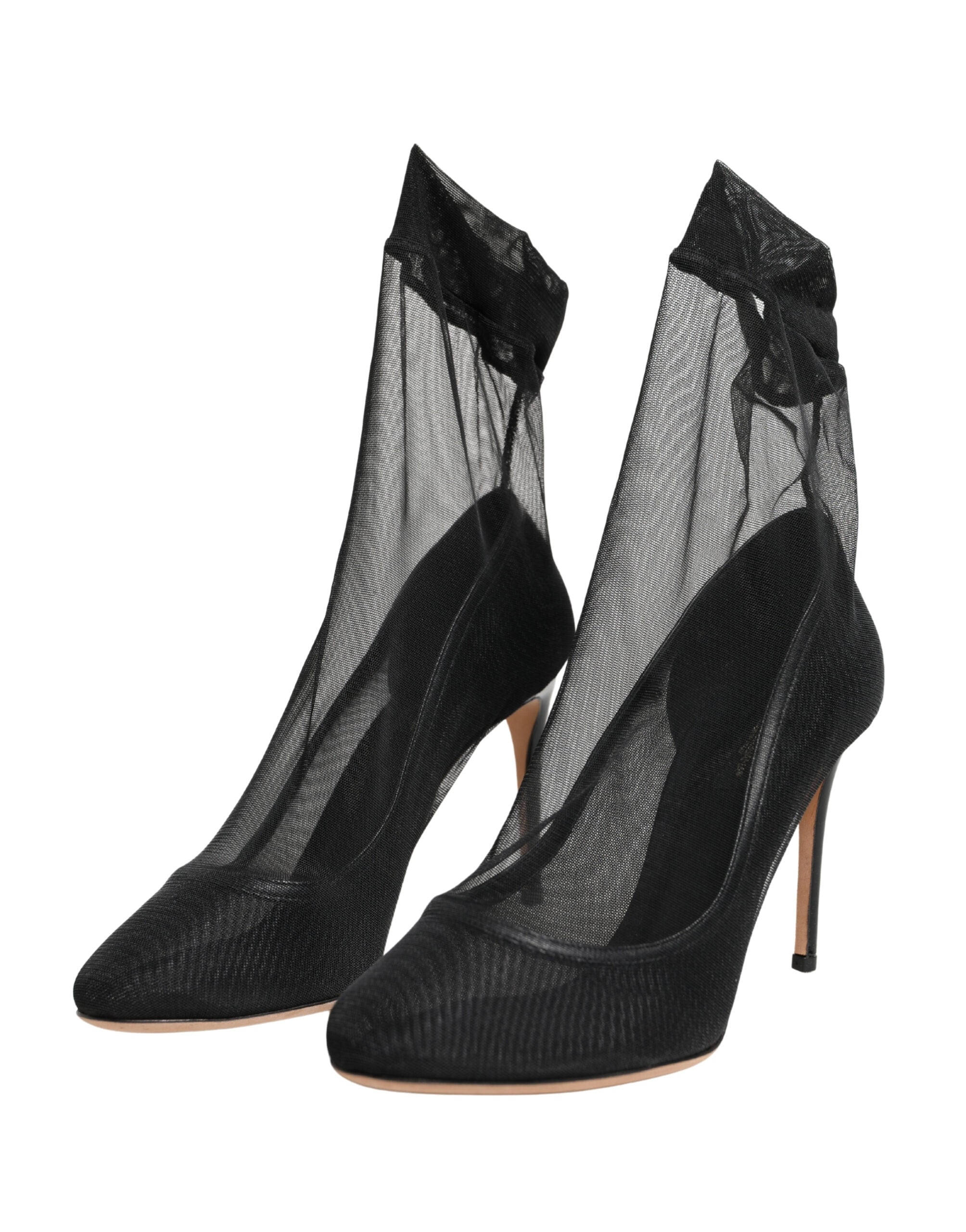 Chaussures bottines en nylon stretch noir Dolce & Gabbana, baskets élégantes avec mesh transparent et talons.