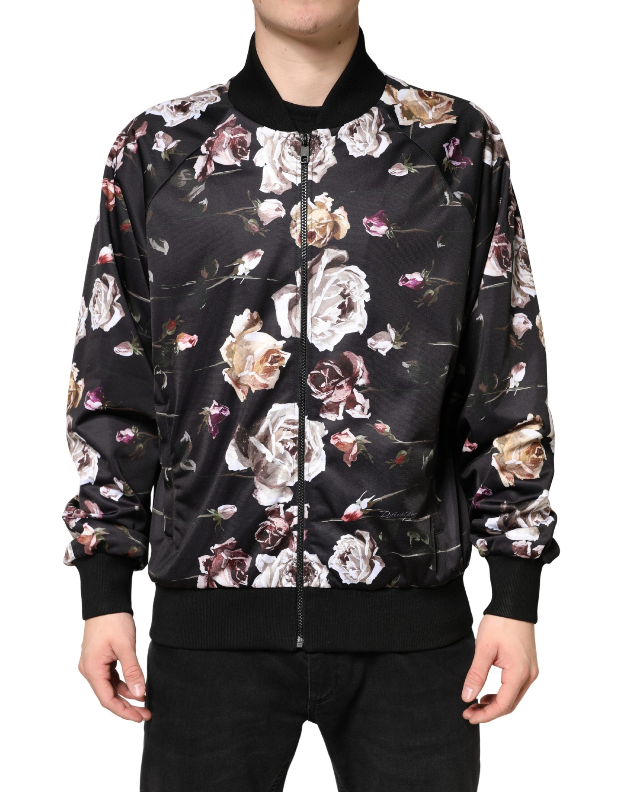 Veste bomber noire en polyester avec motif floral Dolce & Gabbana, zip complet et style élégant.