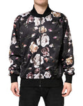 Veste bomber noire Dolce & Gabbana en polyester avec motif floral, zip avant, style élégant et moderne.