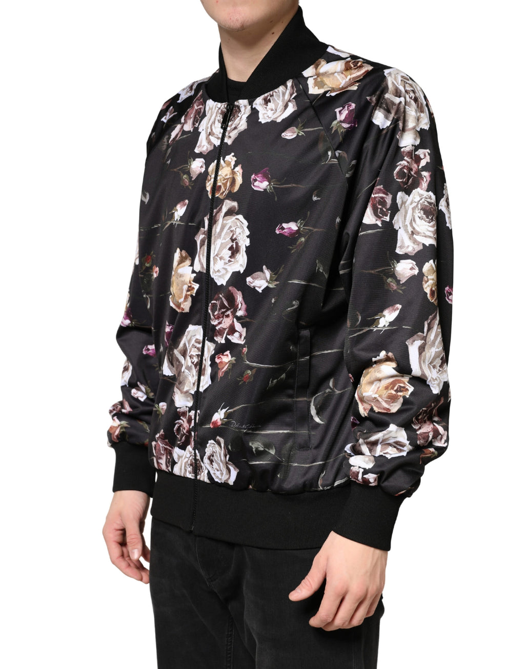 Veste bomber noire en polyester à fleurs Dolce & Gabbana avec fermeture éclair complète, style élégant et tendance.