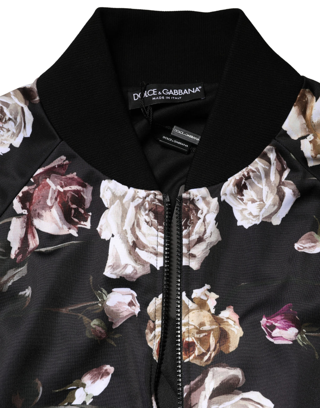 Veste bomber noire en polyester à fleurs Dolce & Gabbana avec fermeture éclair complète, style élégant et moderne.