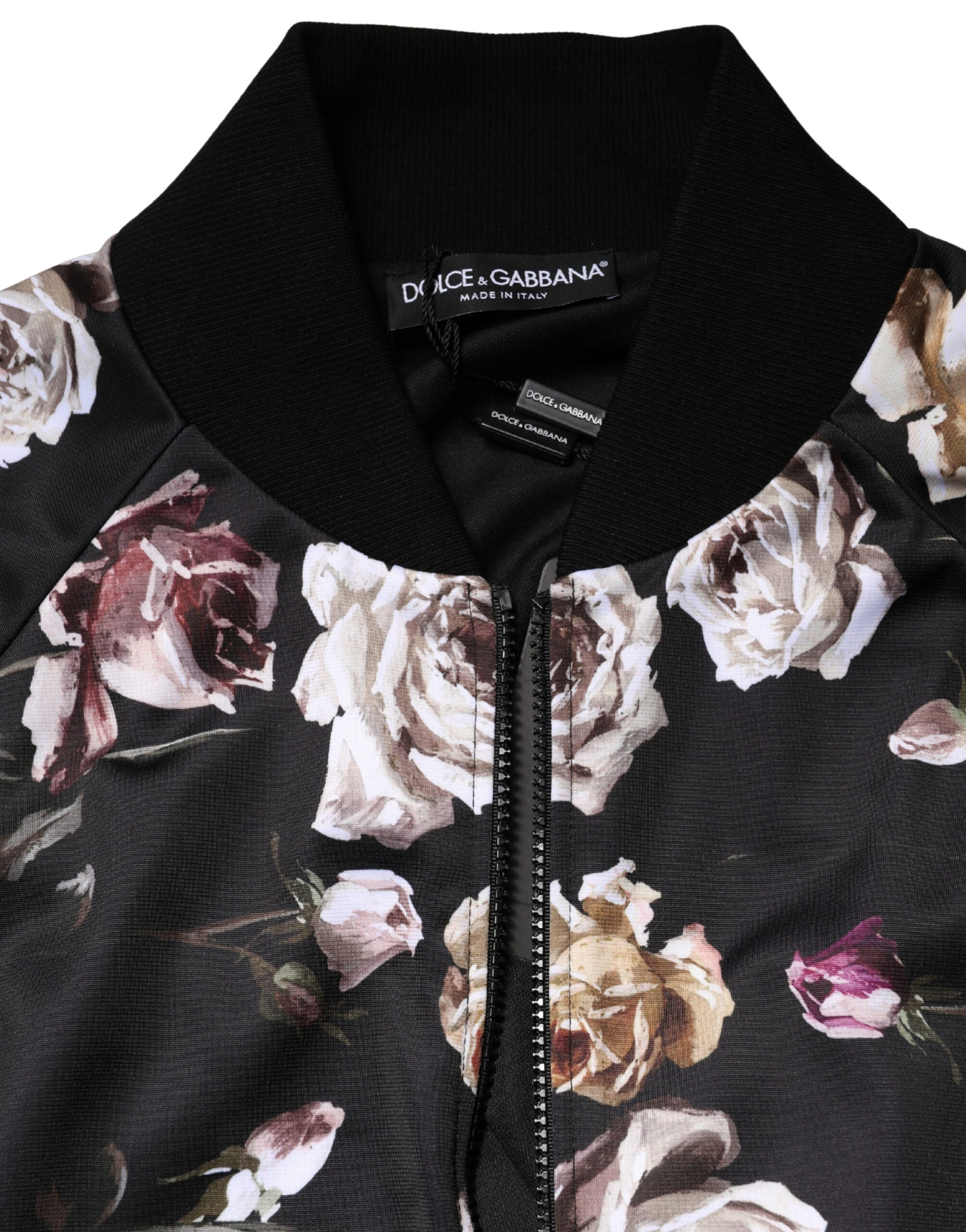 Veste bomber noire en polyester à fleurs Dolce & Gabbana avec fermeture éclair complète, style élégant et moderne.