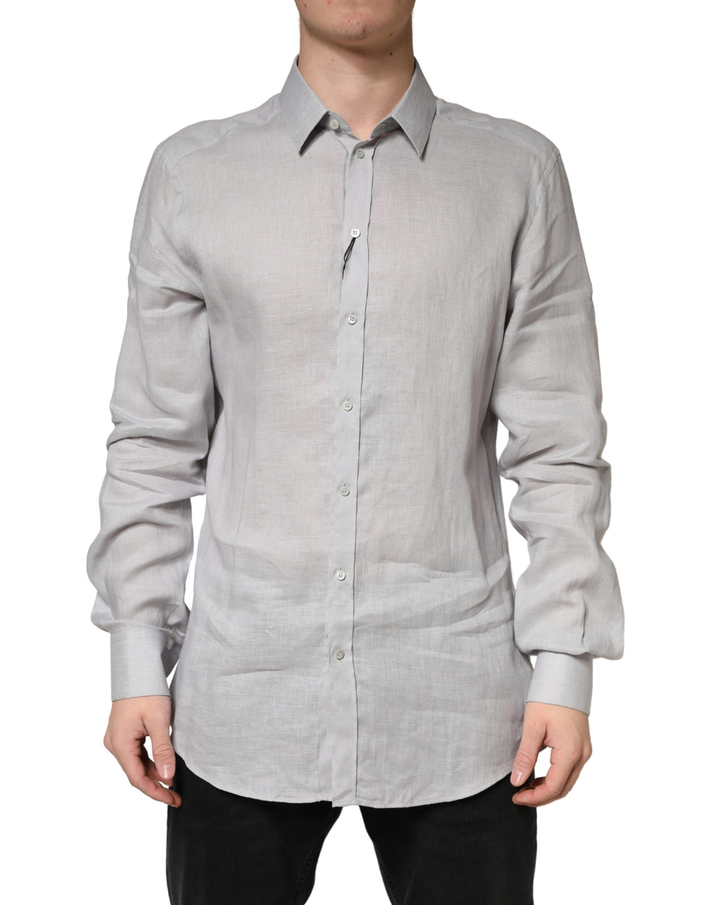Chemise homme Dolce & Gabbana en lin gris avec manches longues et détails dorés, élégante et sophistiquée.