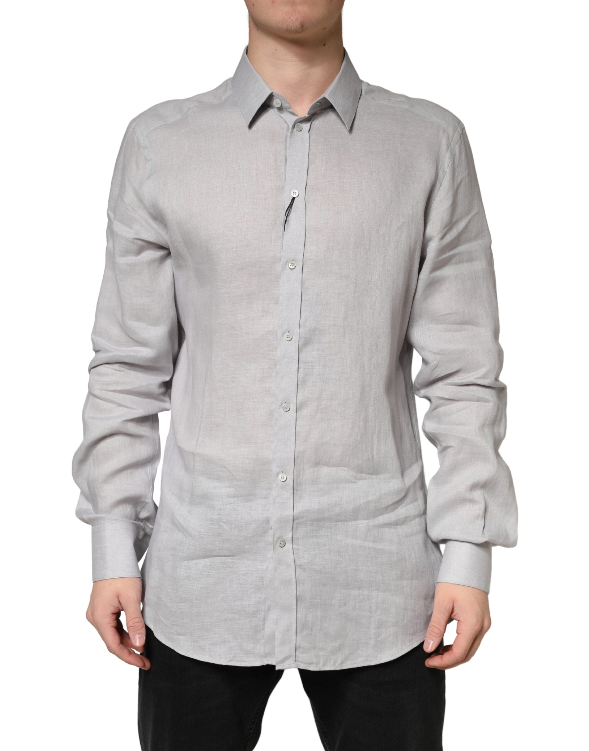 Chemise homme Dolce & Gabbana en lin gris avec manches longues et détails dorés, élégante et sophistiquée.