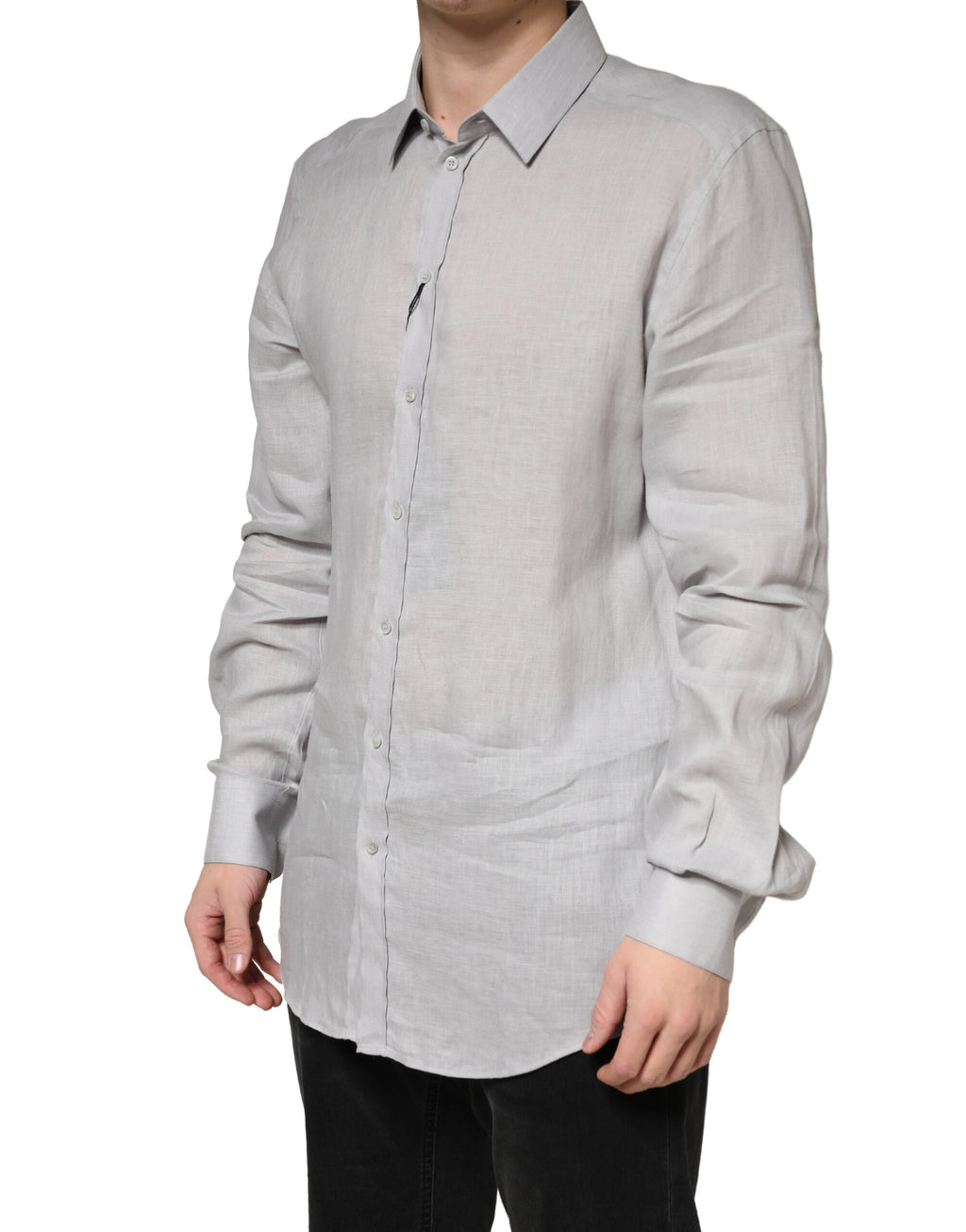 Chemise homme Dolce & Gabbana en lin gris avec manches longues et détails dorés, élégante et sophistiquée.