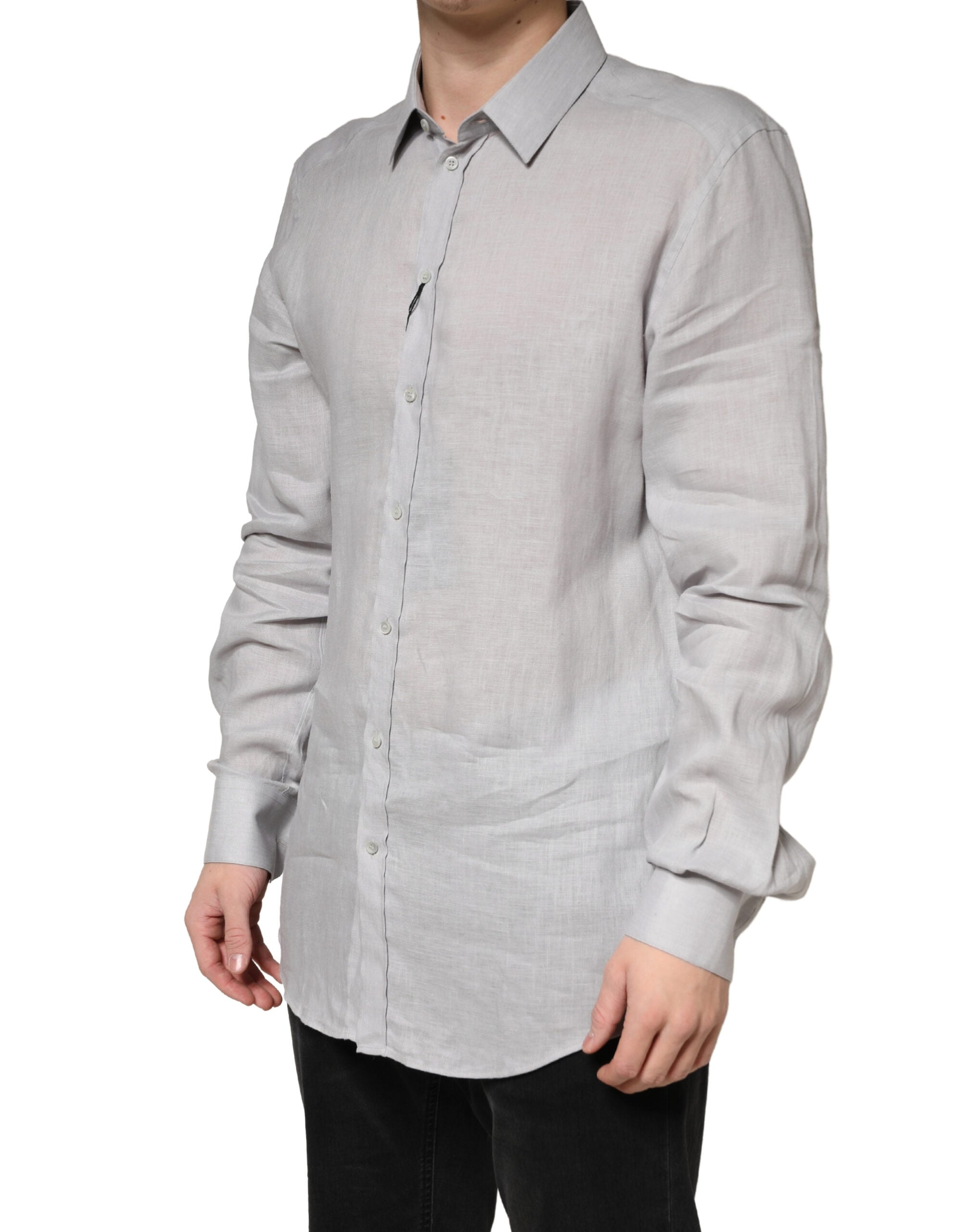 Chemise homme Dolce & Gabbana en lin gris avec manches longues et détails dorés, élégante et sophistiquée.