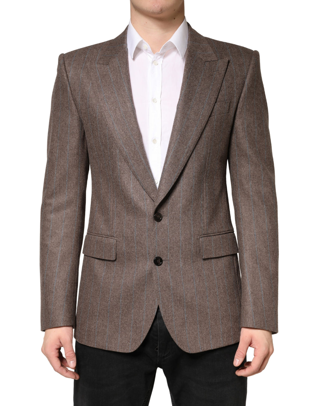 Veste blazer marron à rayures Dolce & Gabbana à simple boutonnage, élégante et structurée, vue de face.
