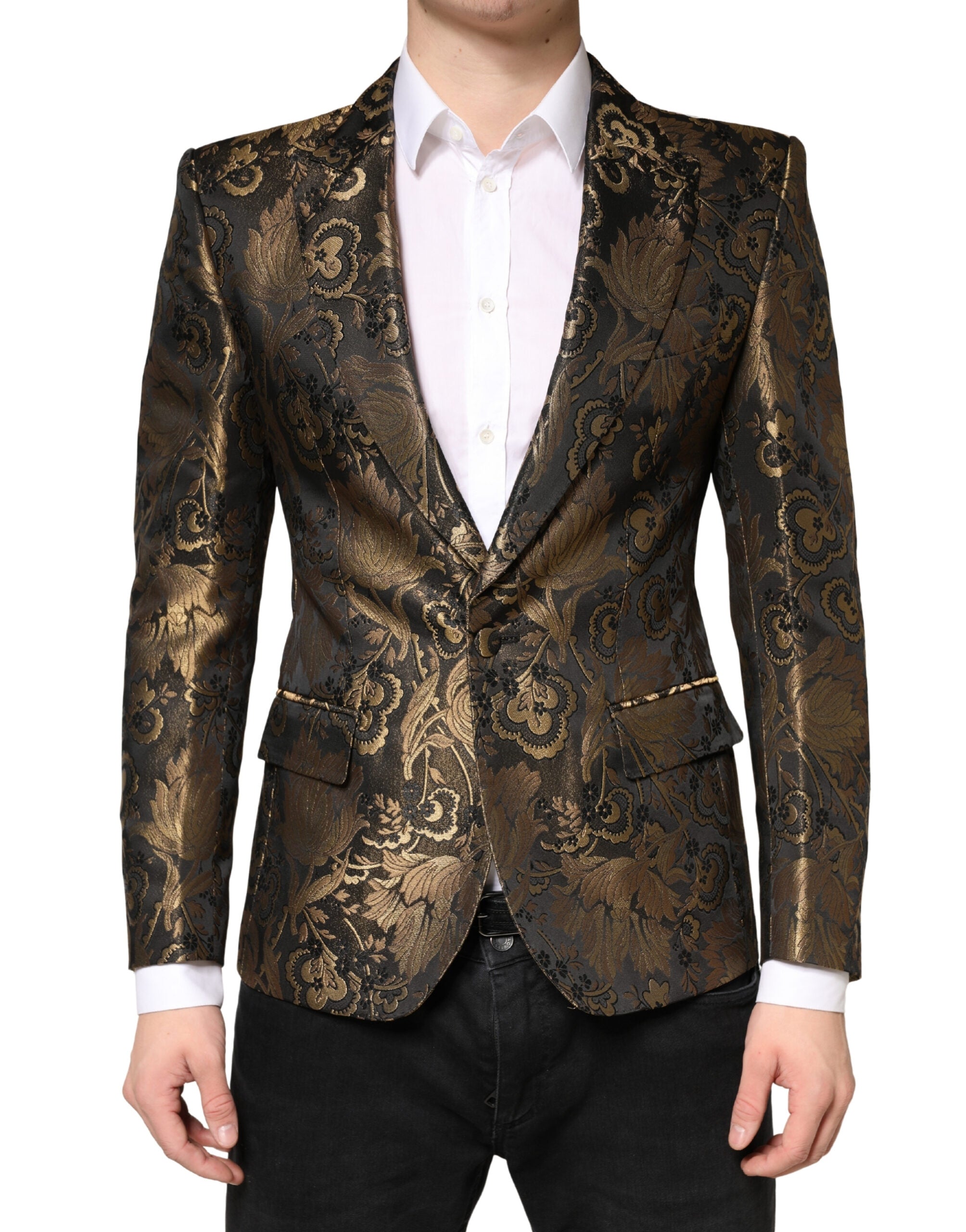 Costume de smoking Dolce & Gabbana en jacquard doré, blazer à un seul bouton, élégant et sophistiqué.