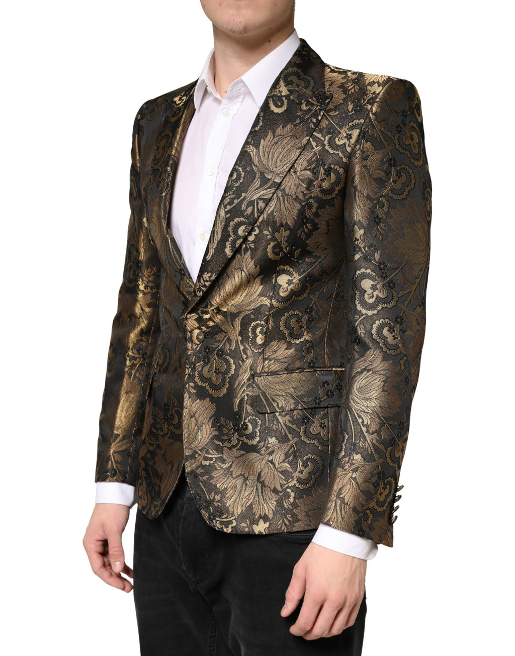 Veste de smoking Dolce & Gabbana en jacquard doré à un bouton, coupe simple et élégante pour homme.