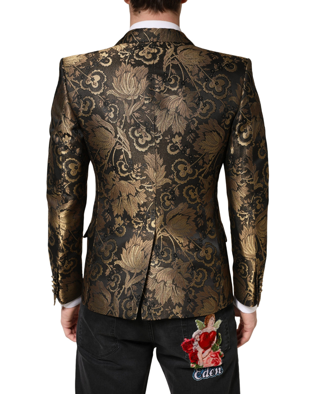Blazer tuxedo à jacquard doré à simple boutonnage de Dolce & Gabbana, veste élégante en tissu brillant avec col et poches.