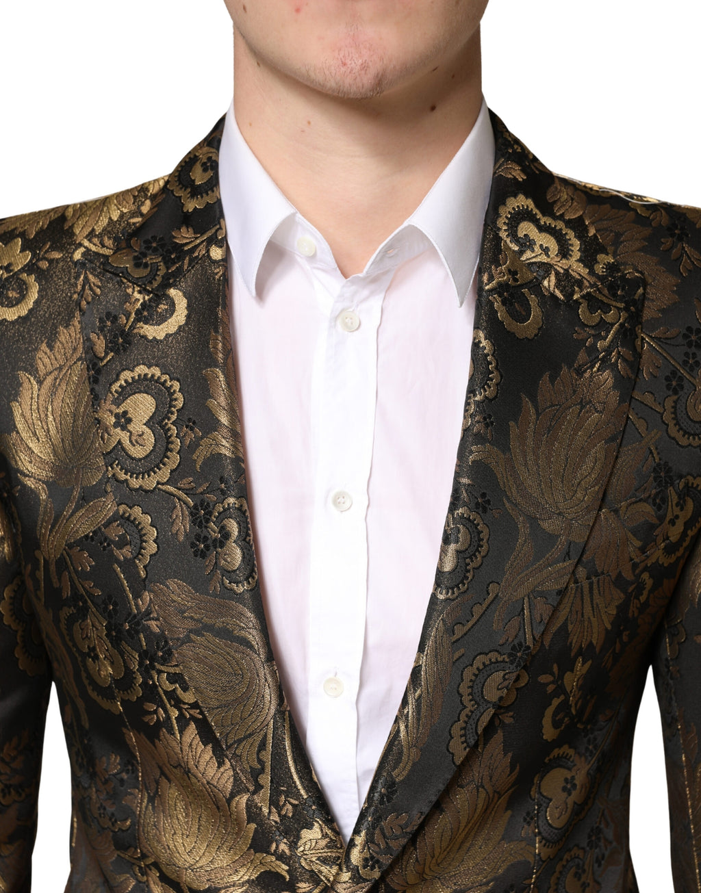 Veste de smoking Dolce & Gabbana en jacquard doré, à simple boutonnage, élégante et sophistiquée pour homme.