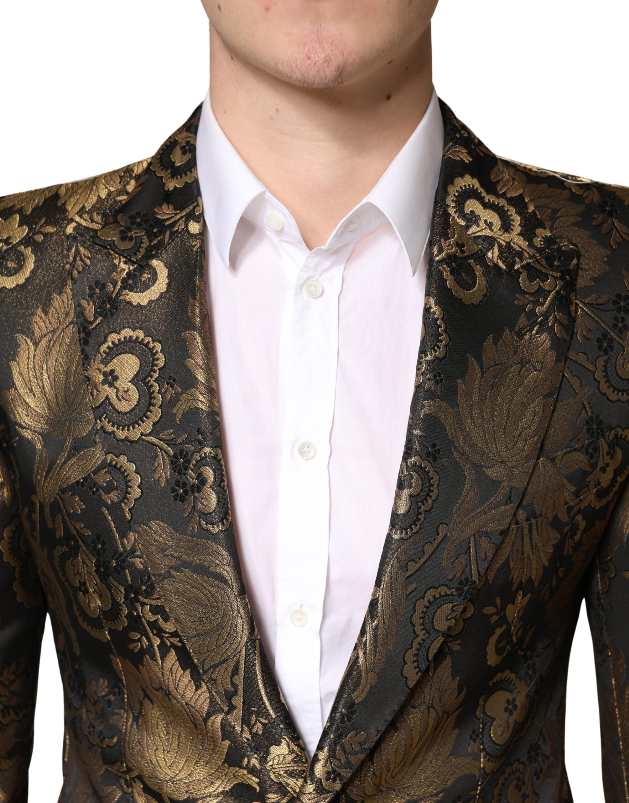 Veste de smoking Dolce & Gabbana en jacquard doré, à simple boutonnage, élégante et sophistiquée pour homme.