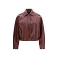 Veste en cuir de veau Bordeaux Bos Taurus de Versace, style élégant, avec détails sophistiqués, vue de face sur mannequin.