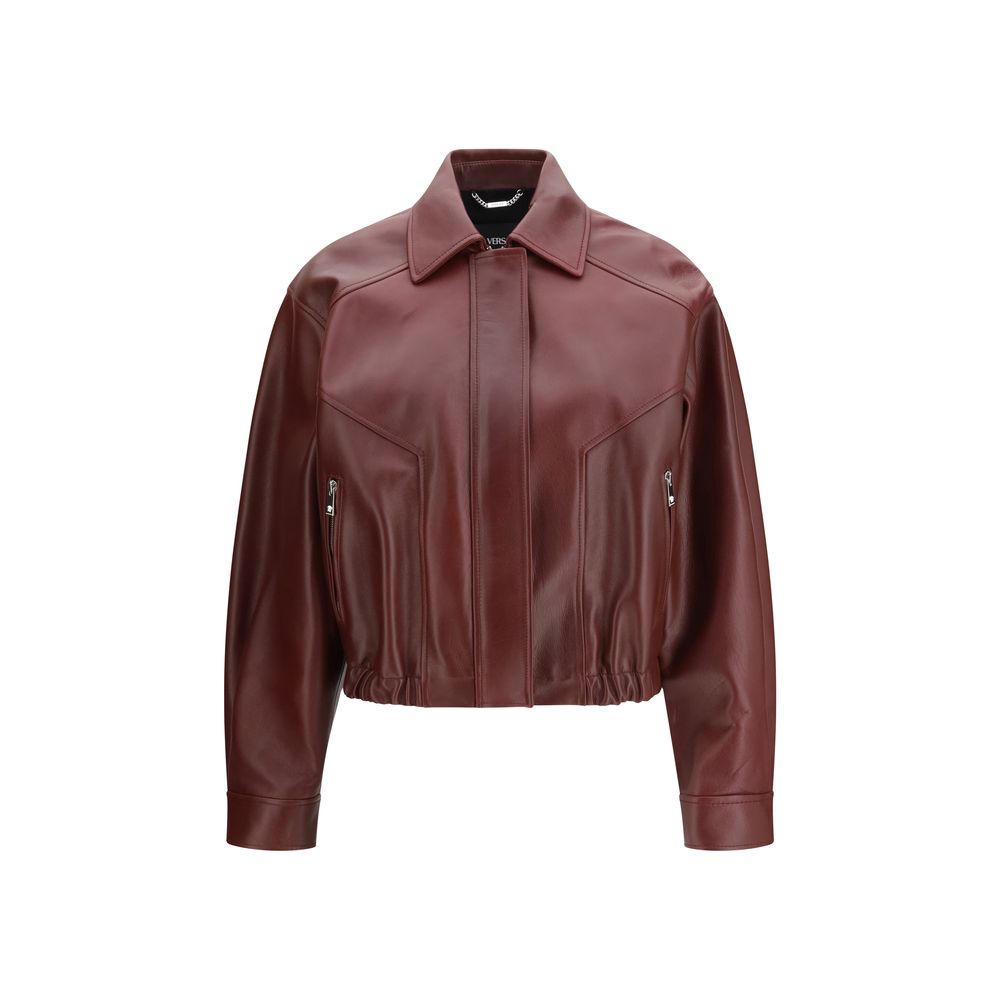 Veste en cuir de veau Bordeaux Bos Taurus de Versace, style élégant, avec détails sophistiqués, vue de face sur mannequin.