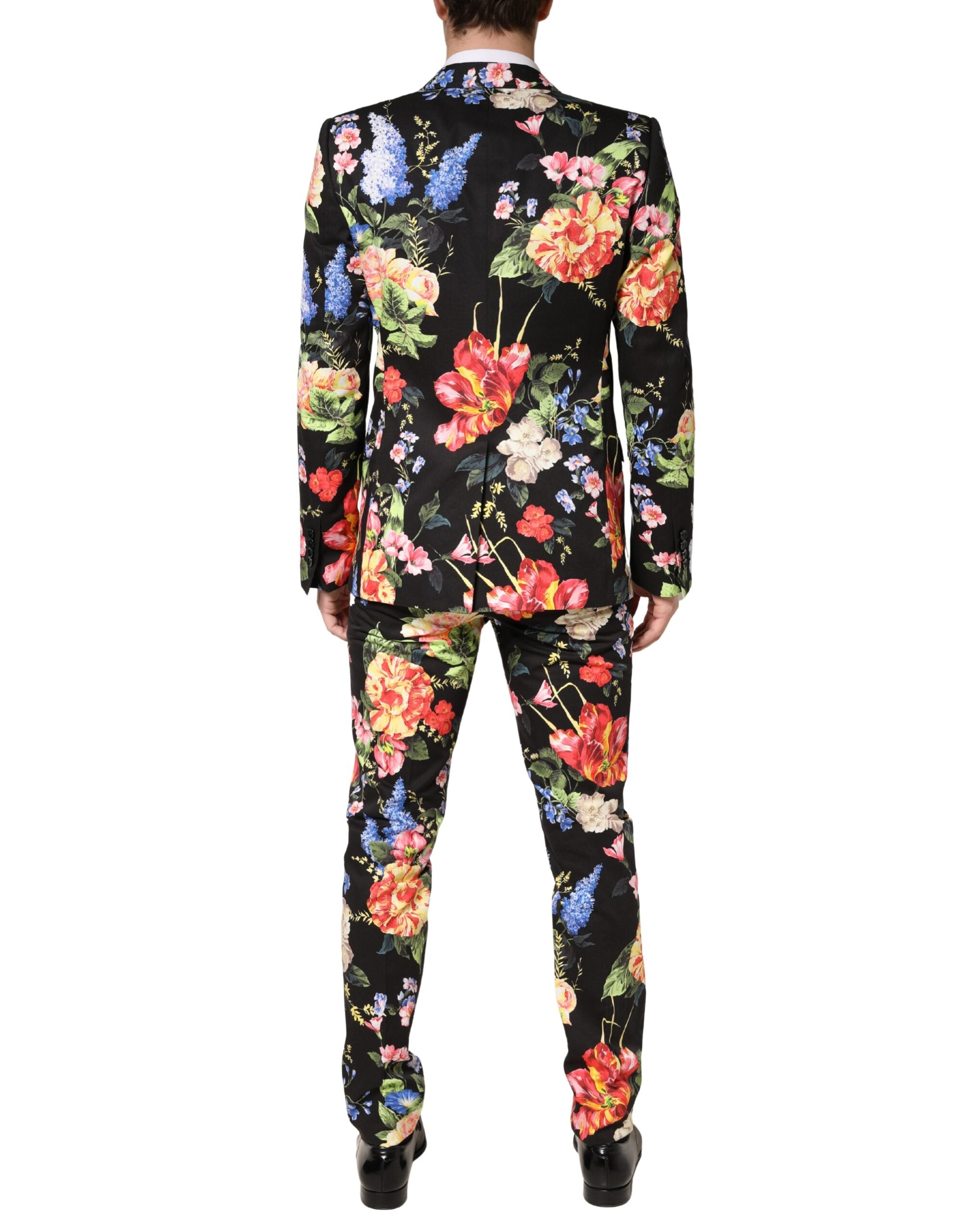 Costume deux pièces noir floral Dolce & Gabbana Martini avec veste croisée simple et pantalon assorti, élégant et sophistiqué.
