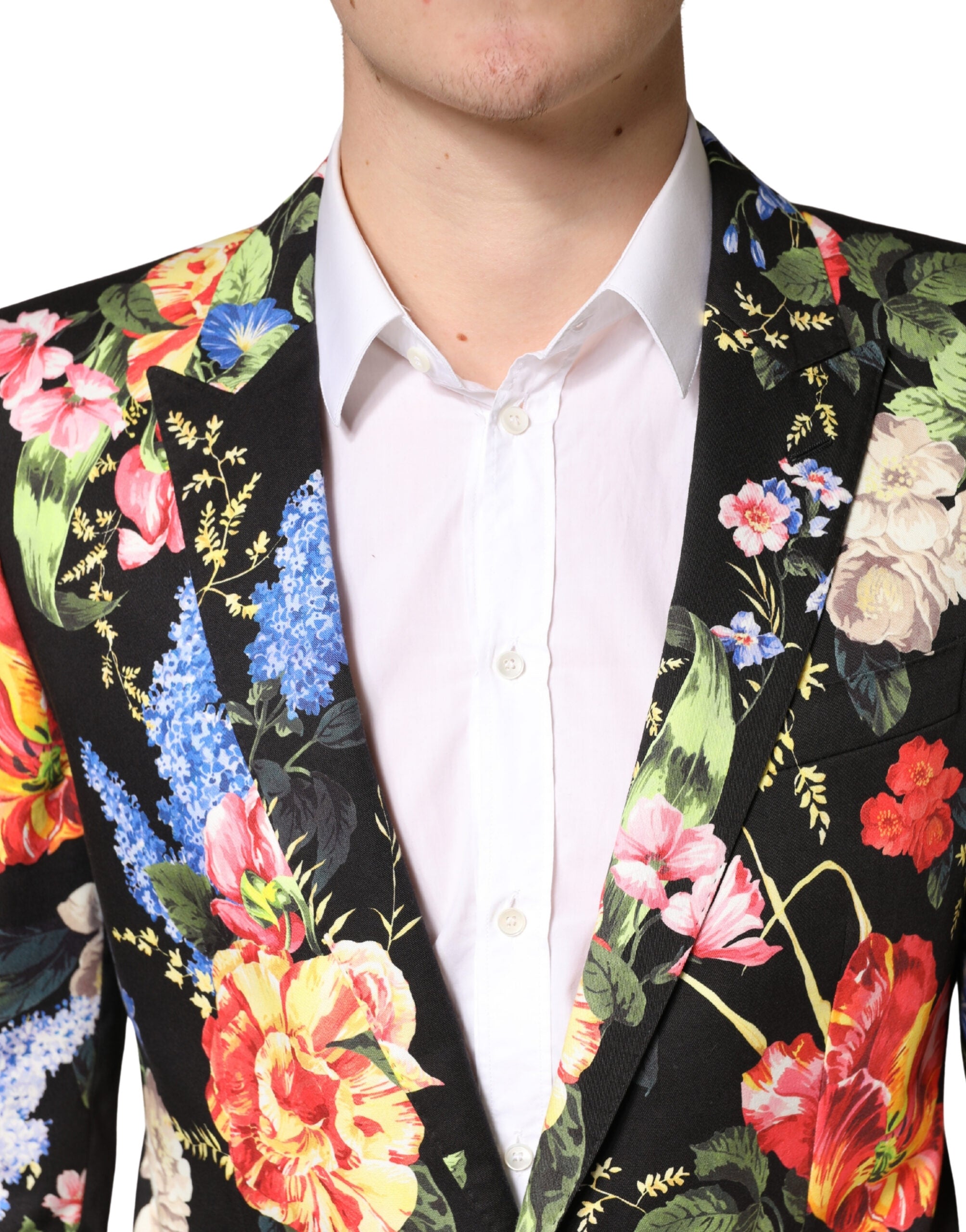 Costume homme Dolce & Gabbana noir à fleurs, costume deux pièces à boutonnière simple, élégant et moderne.