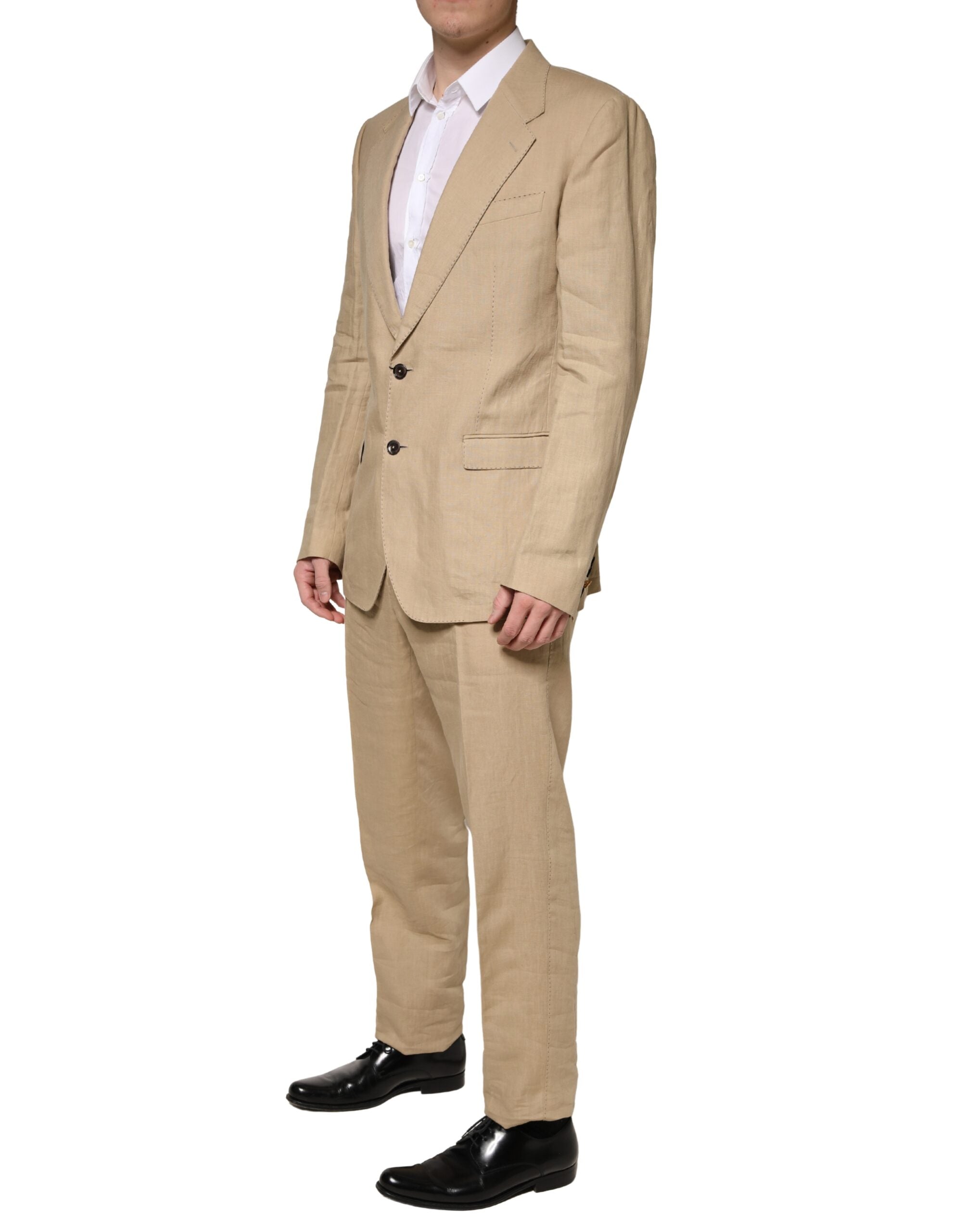 Costume formel beige Dolce & Gabbana Taormina à deux pièces, veste à un bouton et pantalon, élégant et sophistiqué.