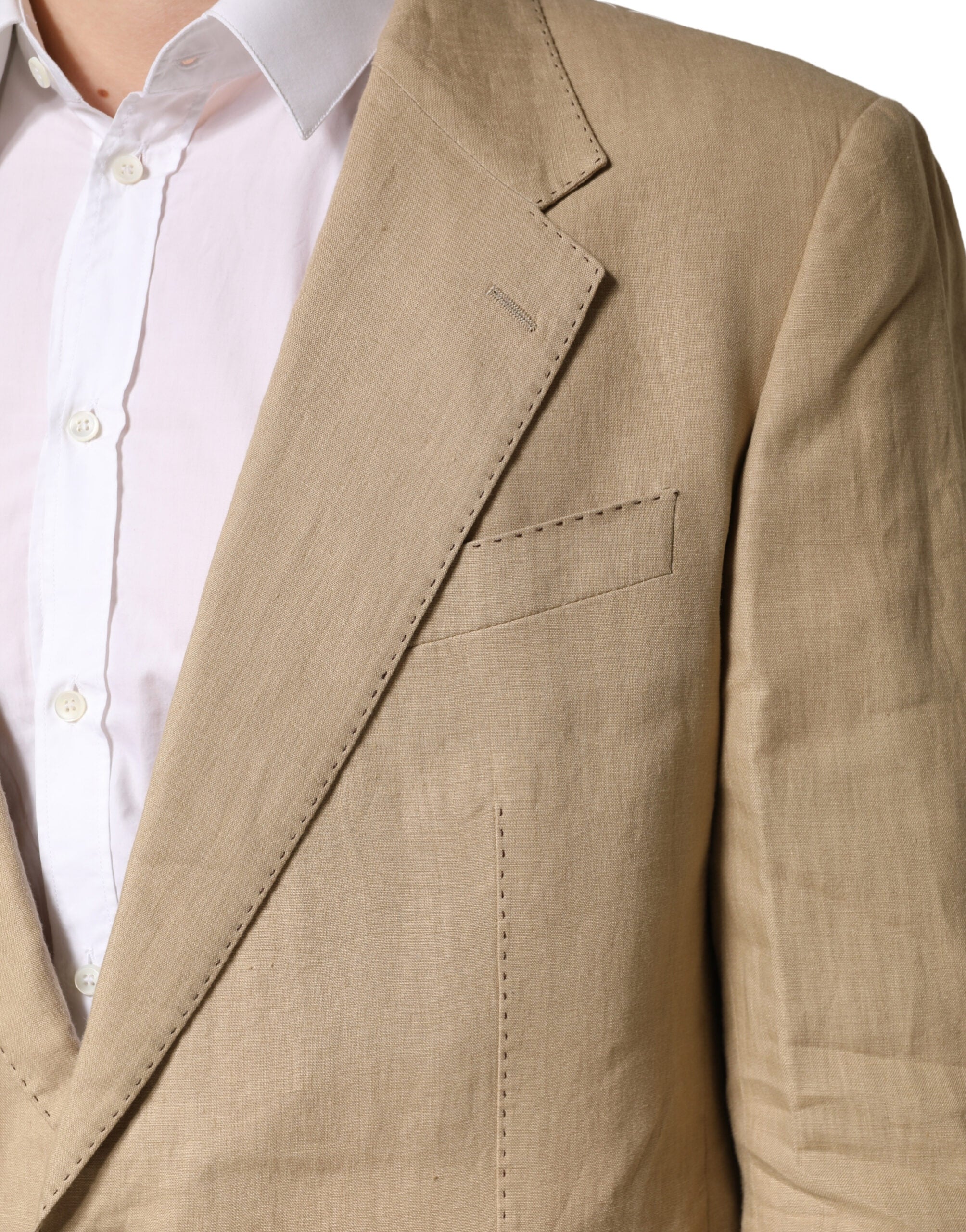Costume homme beige Dolce & Gabbana Taormina à deux pièces, formel, à simple boutonnage, veste et pantalon élégants.