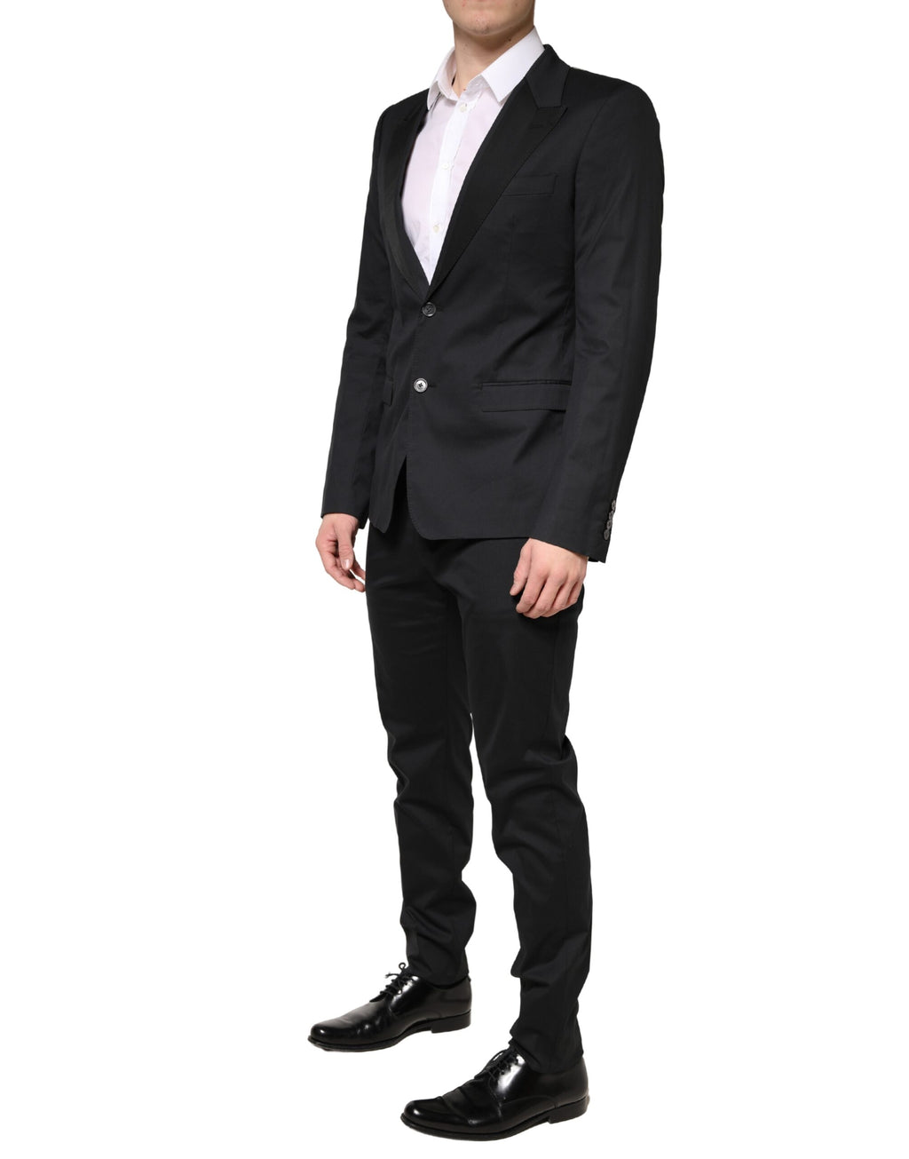 Costume homme Dolce & Gabbana en coton noir à 2 pièces, veste à double boutonnage et pantalon assorti, élégant et classique.