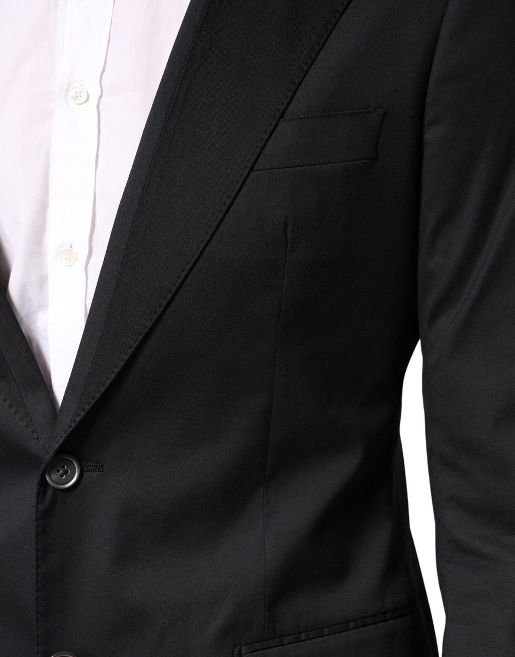 Costume deux pièces en coton noir de Dolce & Gabbana, veste à double boutonnage et pantalon assorti, élégance masculine.
