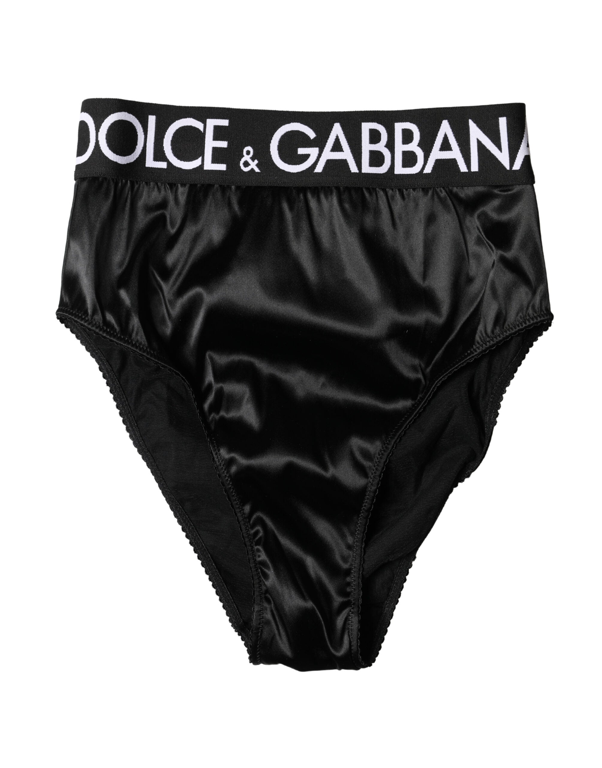 Culotte haute en satin noir Dolce & Gabbana pour femmes avec logo, sous-vêtements élégants et sophistiqués.