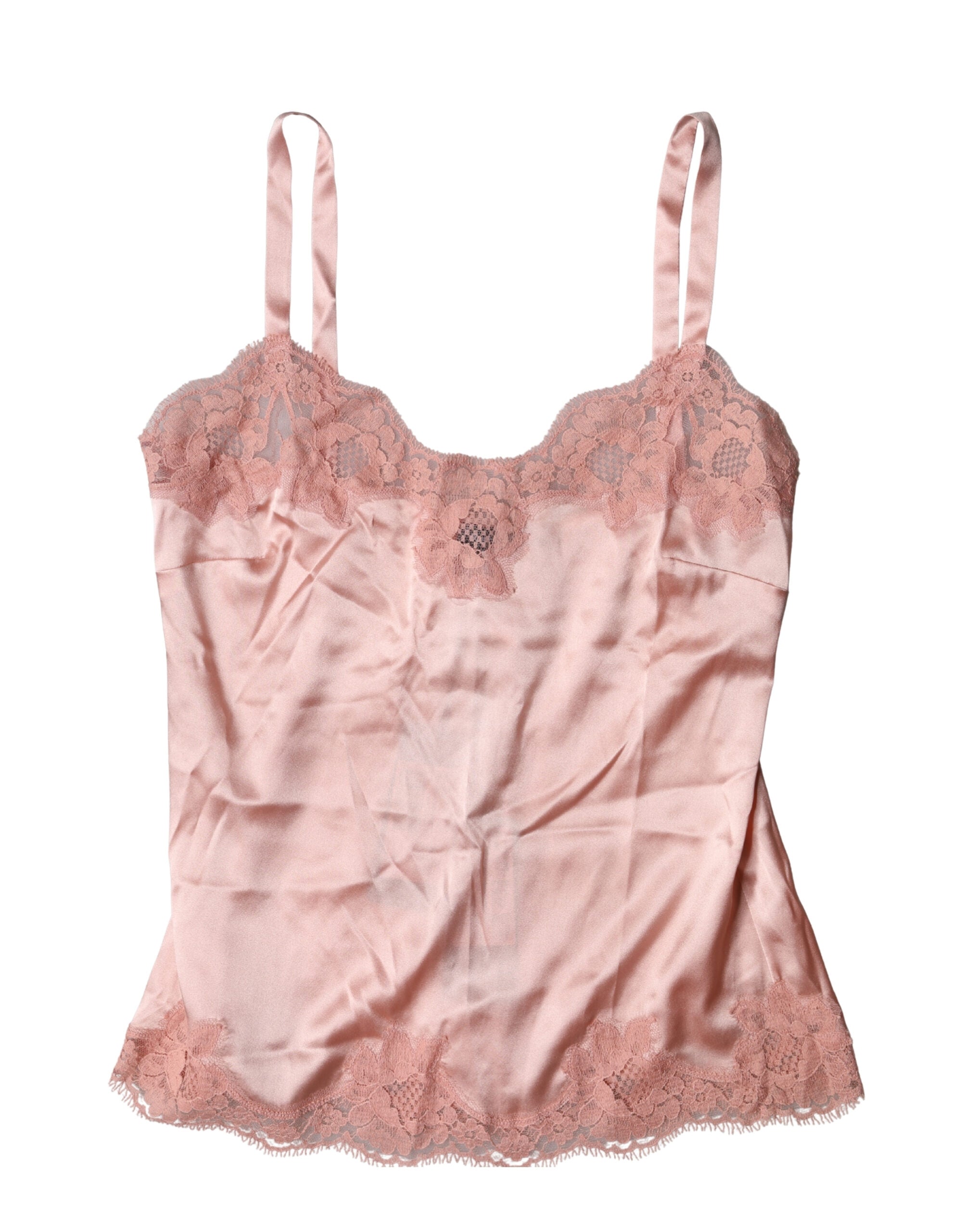 Haut de lingerie Dolce & Gabbana en dentelle rose clair avec motifs floraux et détails délicats, vue de face.