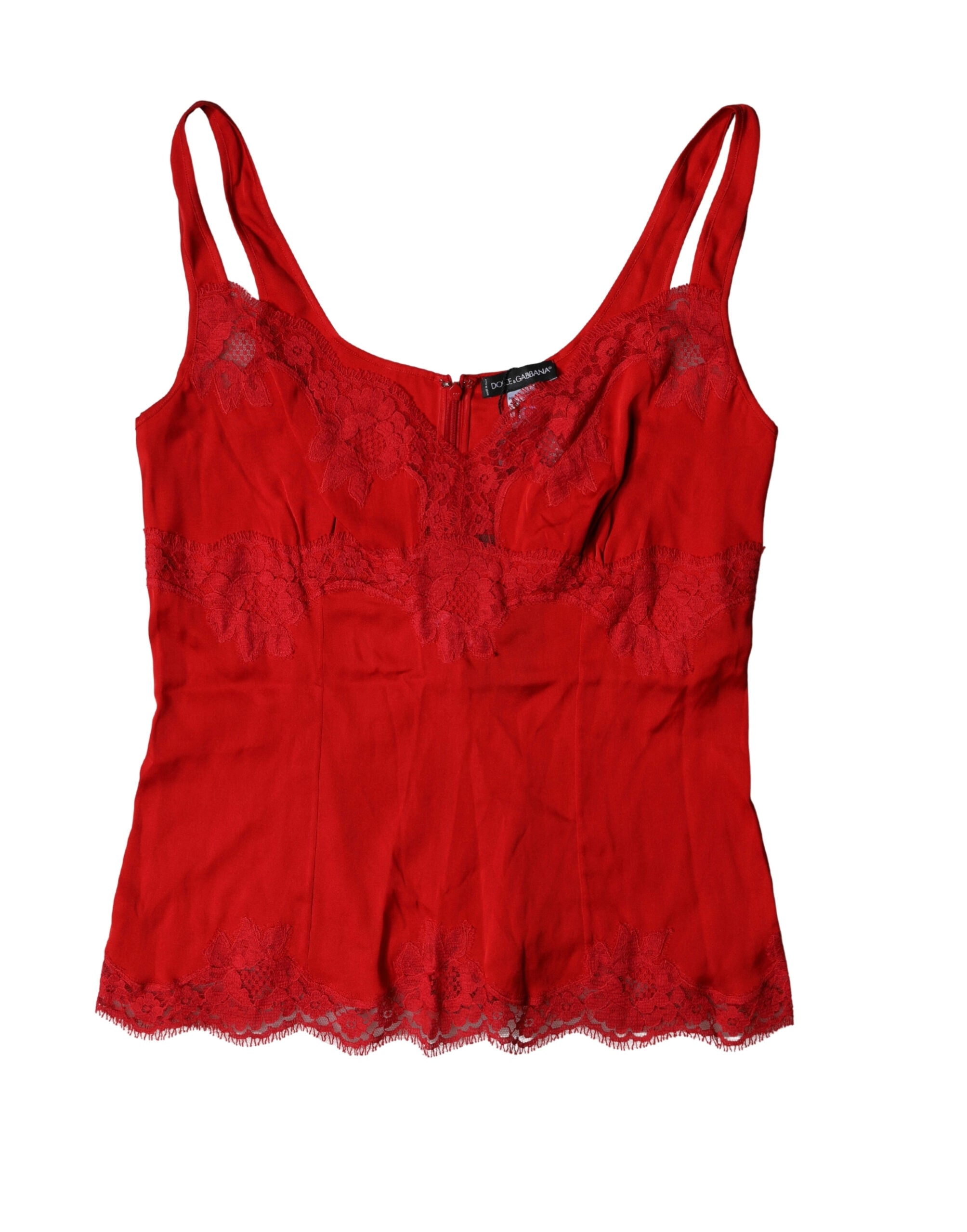 Haut de lingerie en soie rouge Dolce & Gabbana avec dentelle florale, détails délicats et design élégant.