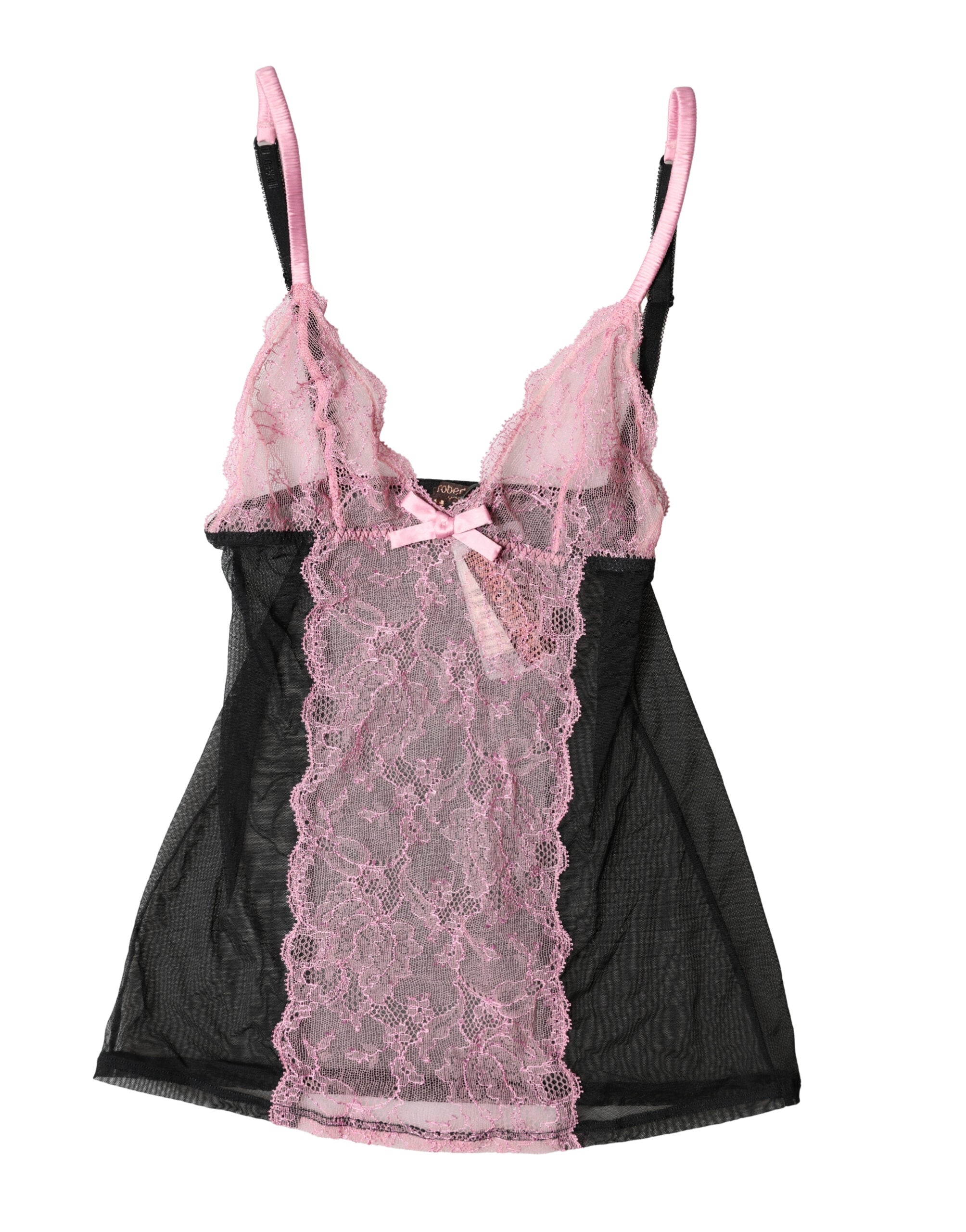 Haut de lingerie noir et rose avec dentelle florale Roberto Cavalli, top élégant et féminin en tissu délicat.