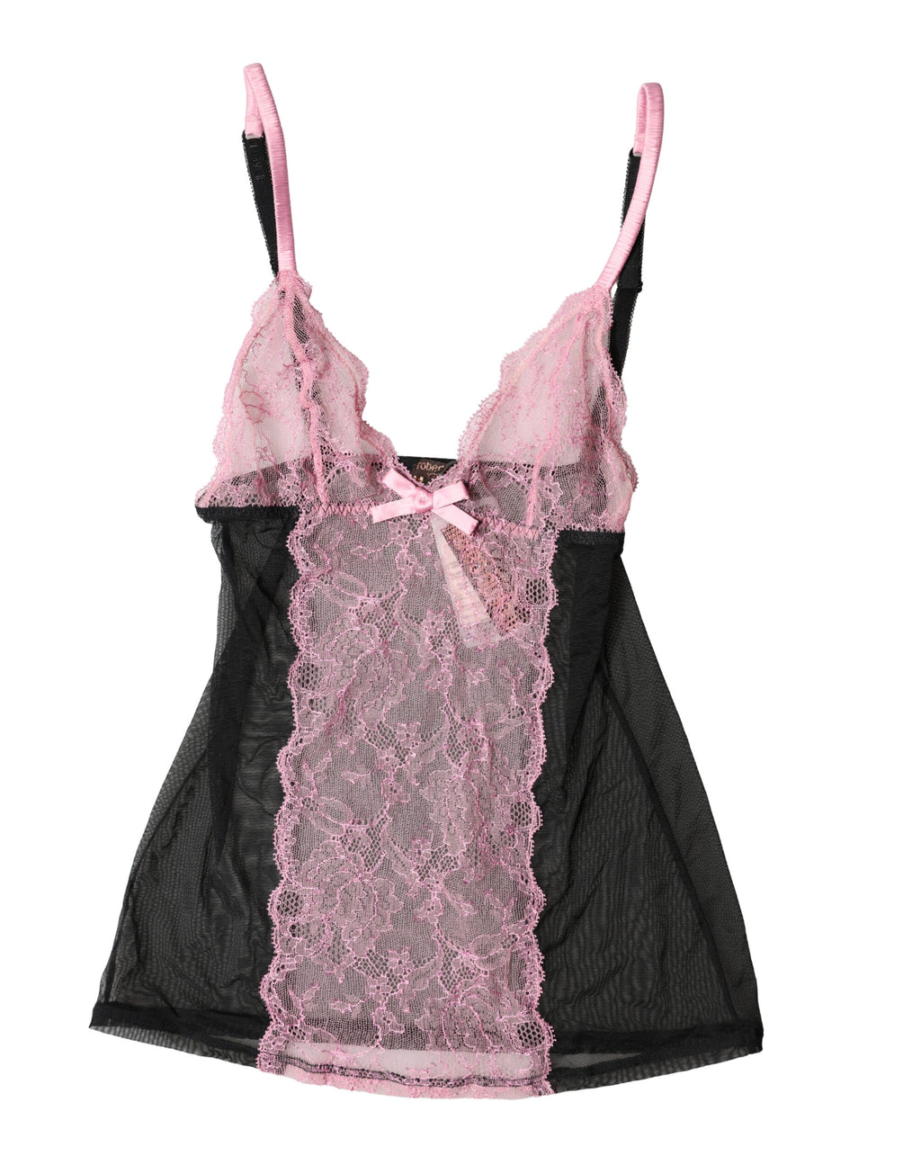 Haut de lingerie Roberto Cavalli noir et rose avec dentelle florale, détail élégant et tissu délicat visible sur l'image.