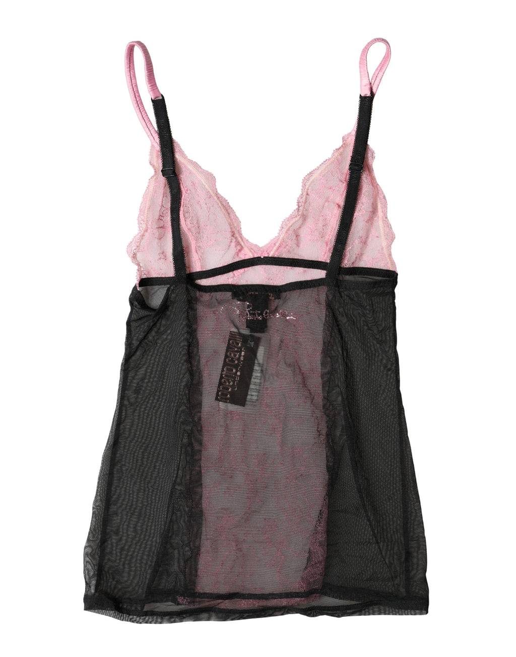 Haut de lingerie Roberto Cavalli en dentelle noire et rose à motifs floraux, élégant et délicat, porté ou affiché en détail.