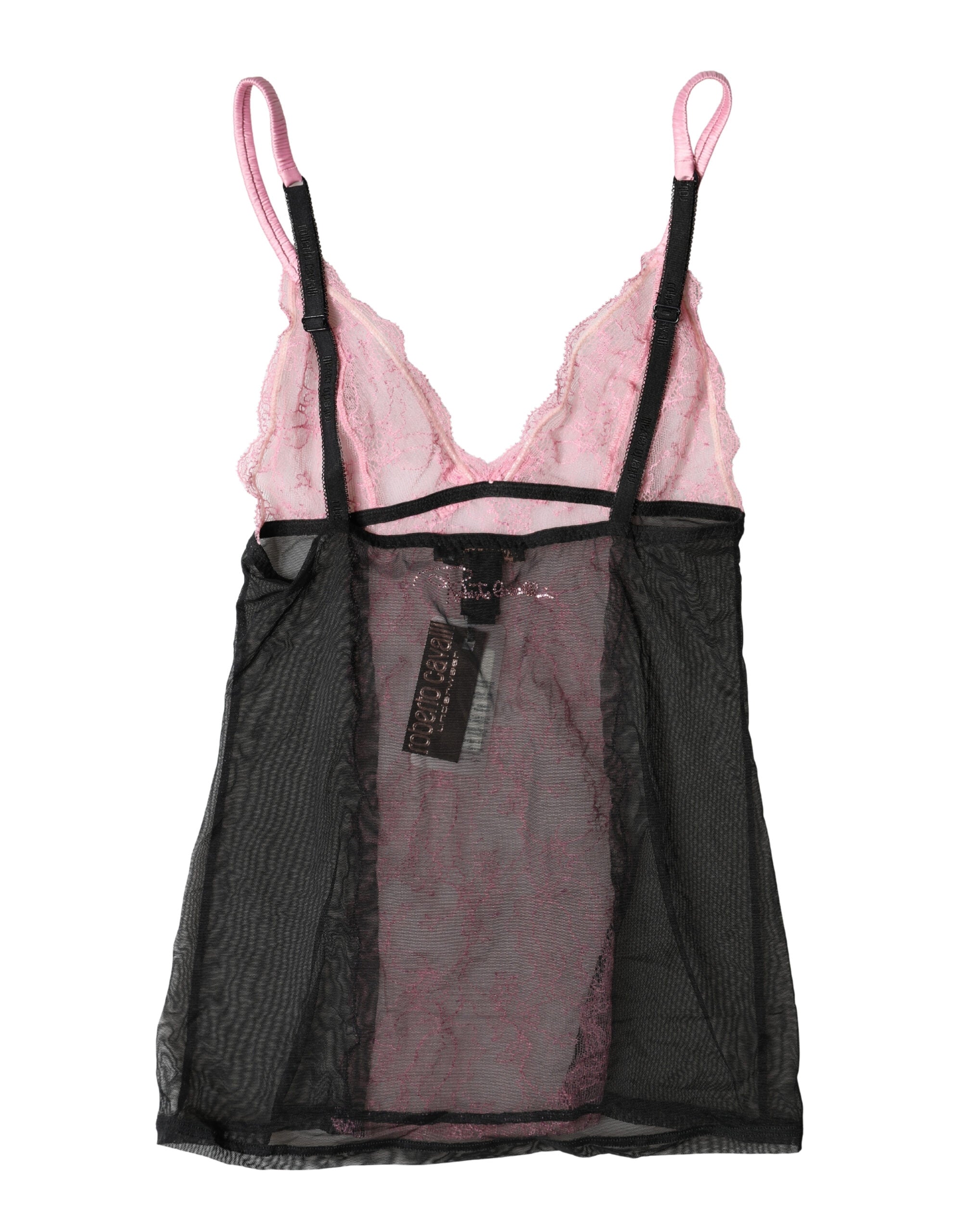Haut de lingerie Roberto Cavalli en dentelle noire et rose à motifs floraux, élégant et délicat, porté ou affiché en détail.