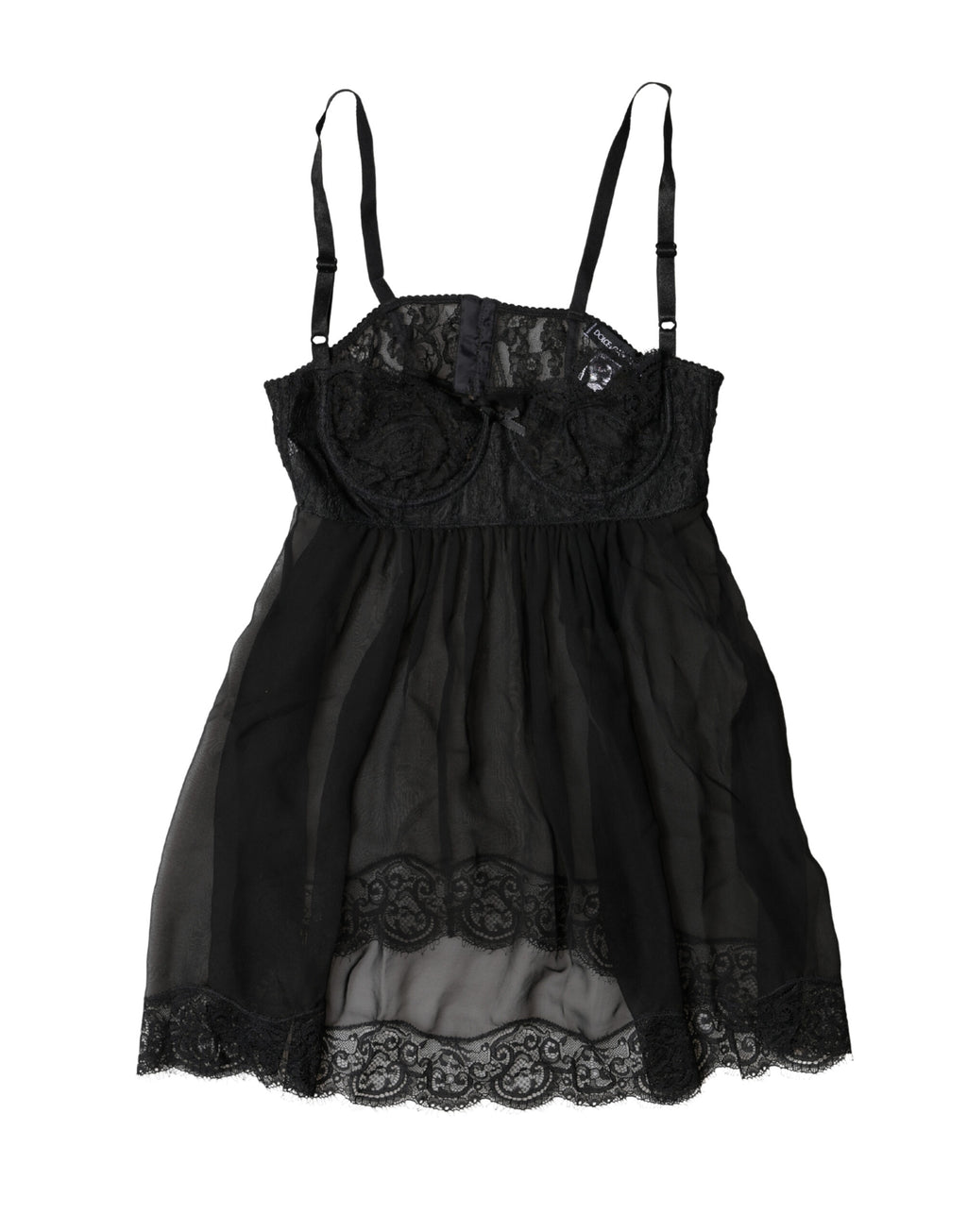 Lingerie Dolce & Gabbana en soie noire avec dentelle florale, haut en dessous élégant et délicat.