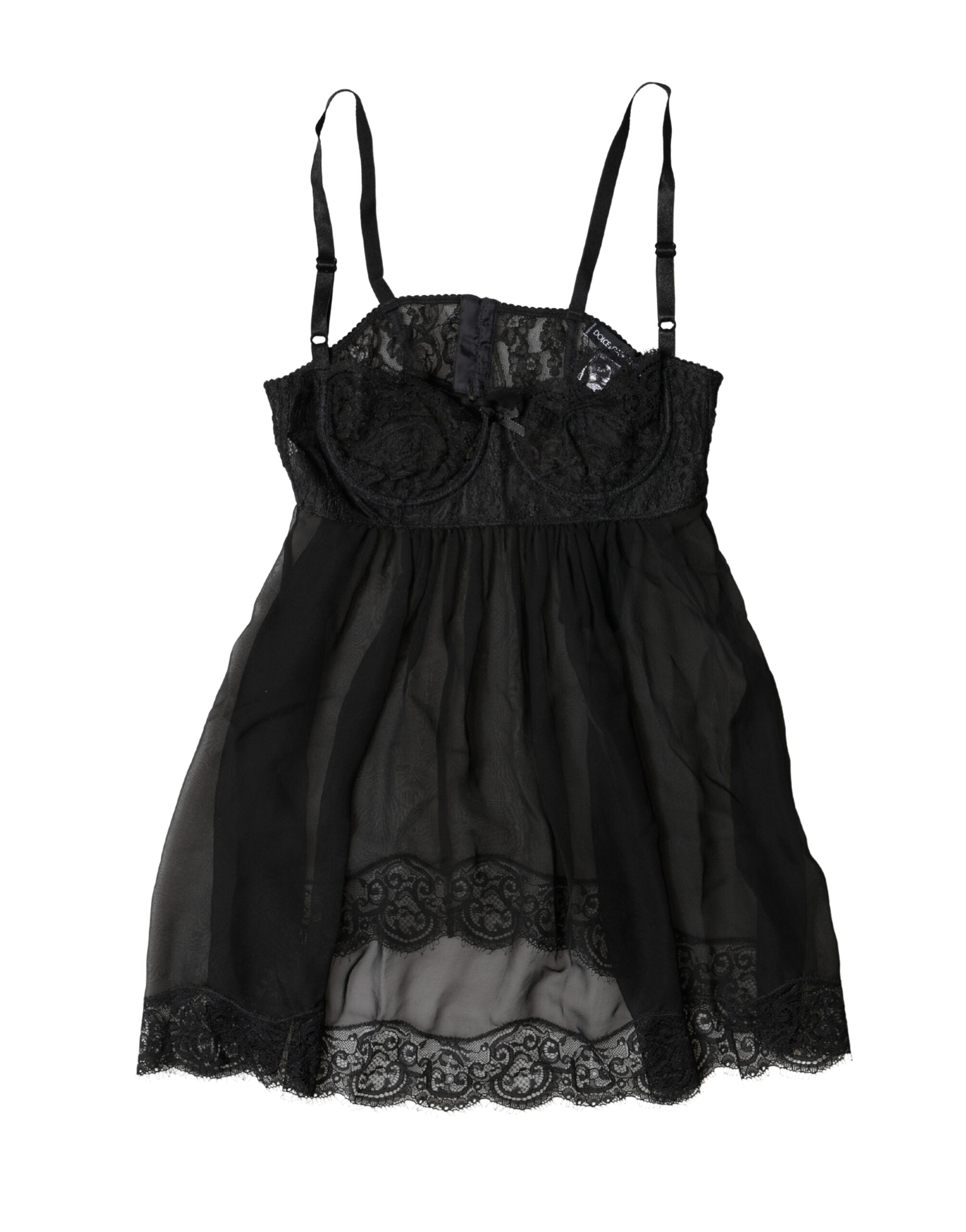 Lingerie Dolce & Gabbana en soie noire avec dentelle florale, haut en dessous élégant et délicat.